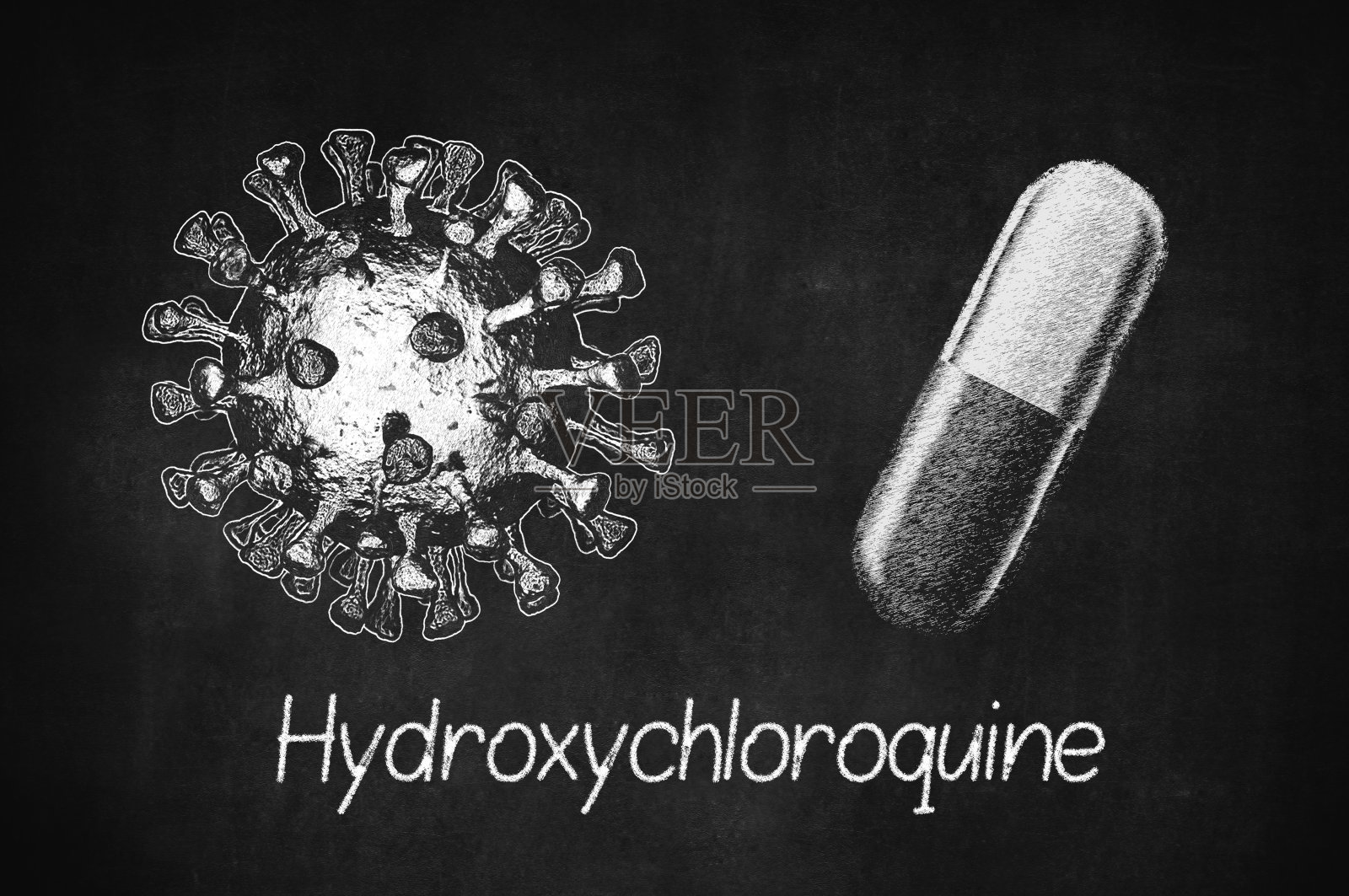 氯喹磷酸盐，氯喹药物物质。用于治疗冠状病毒(SARS-CoV-2)的药物。积极开展COVID-19支持治疗。黑板上用粉笔写的化学式。照片摄影图片