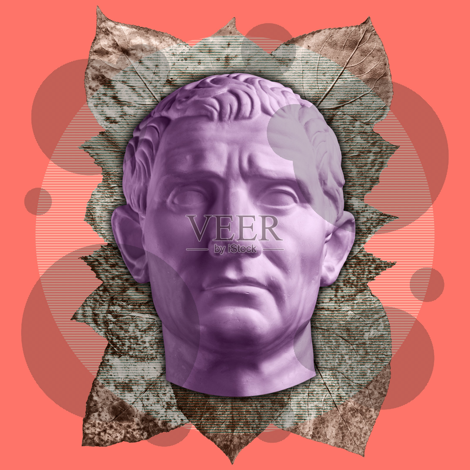 当代艺术概念拼贴与古董雕塑头在zine文化风格。石膏雕塑人的脸。照片摄影图片