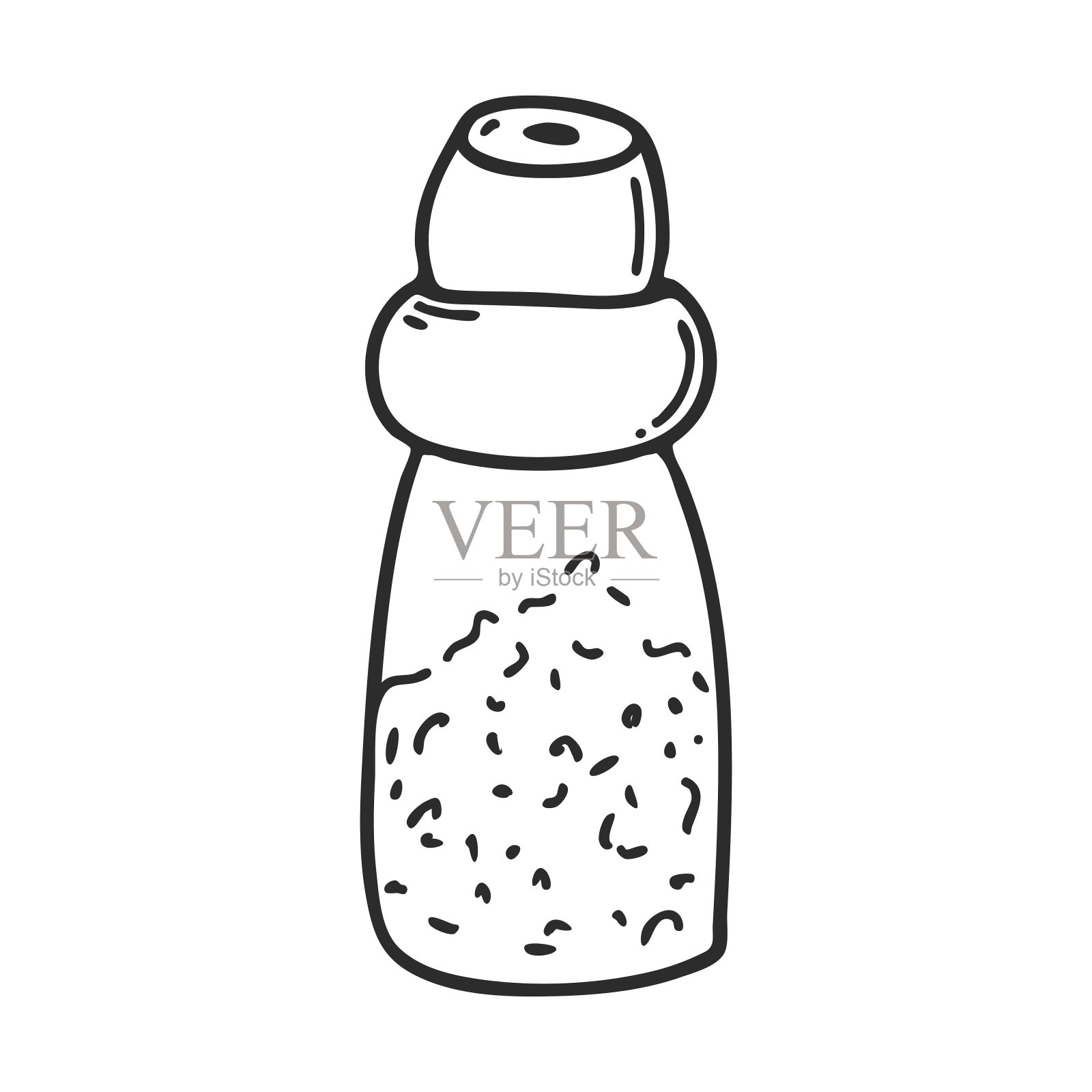 带有磨粉机的玻璃胡椒瓶。厨房用具、库存。元素为设计的杂志，包装，菜单，食谱。手绘和孤立的白色。黑白矢量插画图片素材