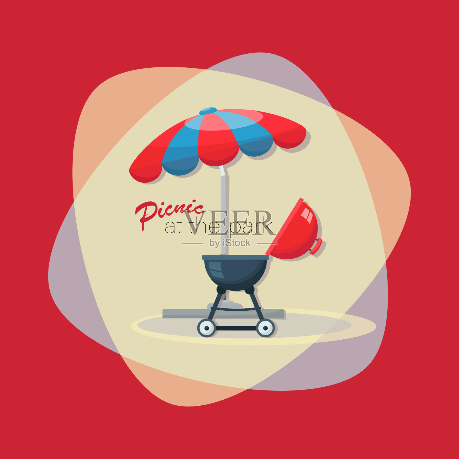 野餐时间。烧烤架。在公园野餐。烧烤派对邀请，包括烧烤和食物。烧烤海报,标志。插画图片素材