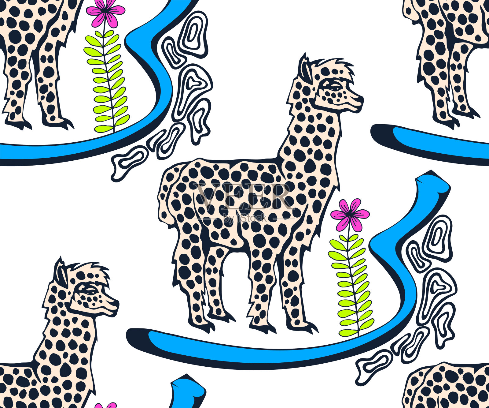 矢量背景手绘外来野生羊驼羊驼。手绘墨水插图。现代装饰装饰背景。矢量模式。印刷纺织品，布料，墙纸，剪贴簿插画图片素材