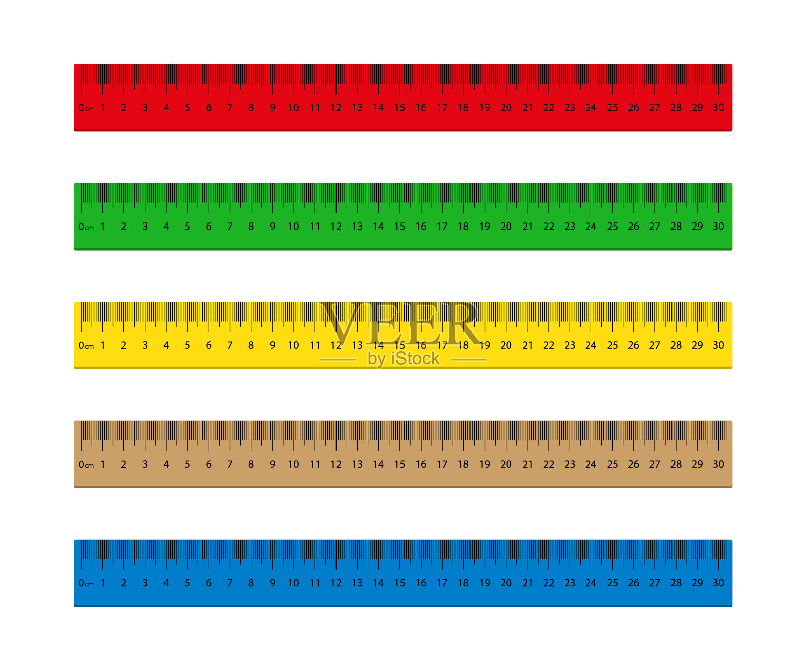 尺的英寸，毫米，厘米。木制的，金属的米制刻度。课桌文具。红，蓝，绿胶带测量仪用于几何，教育。厘米,毫米的距离。向量插画图片素材