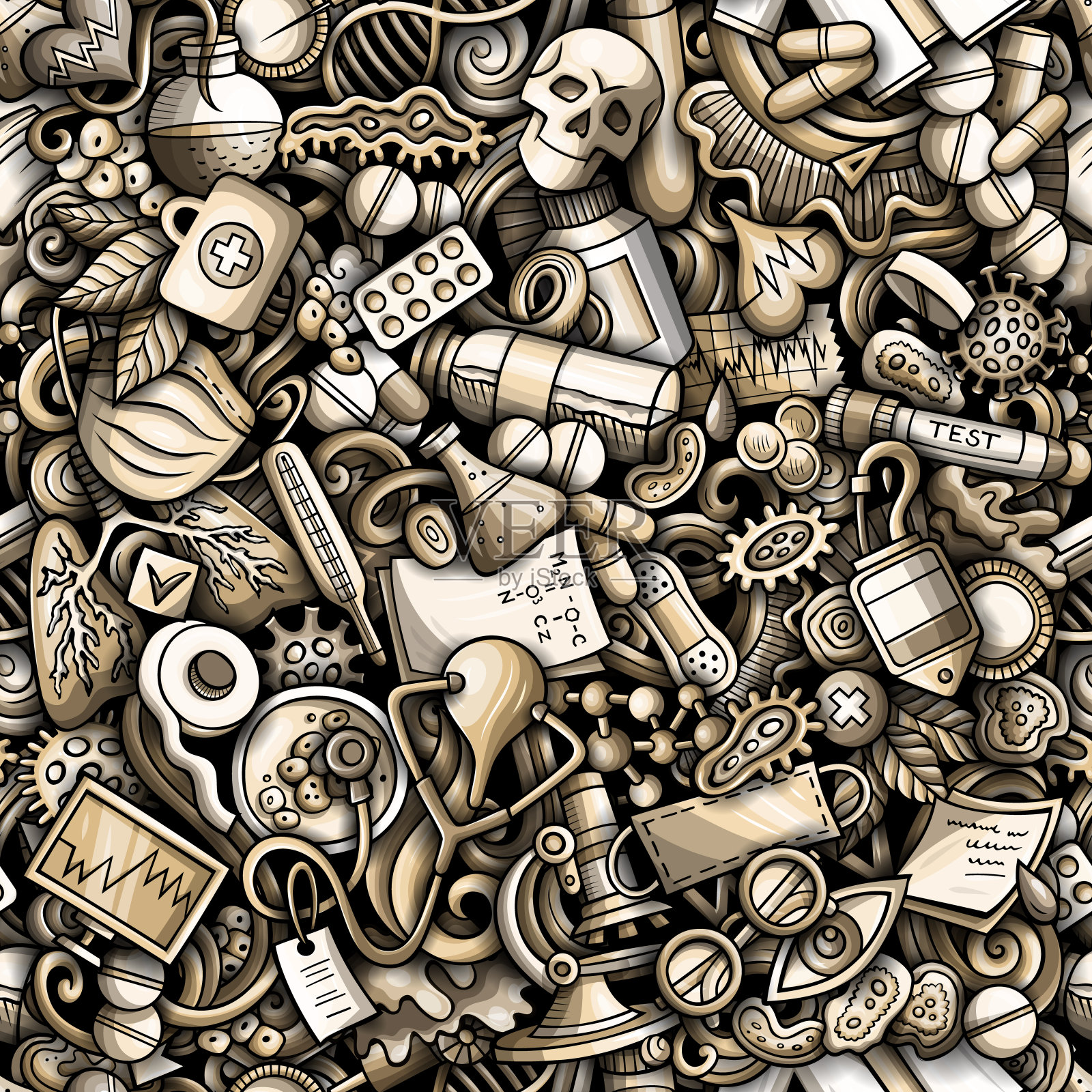 卡通可爱涂鸦手画药无缝图案。插画图片素材