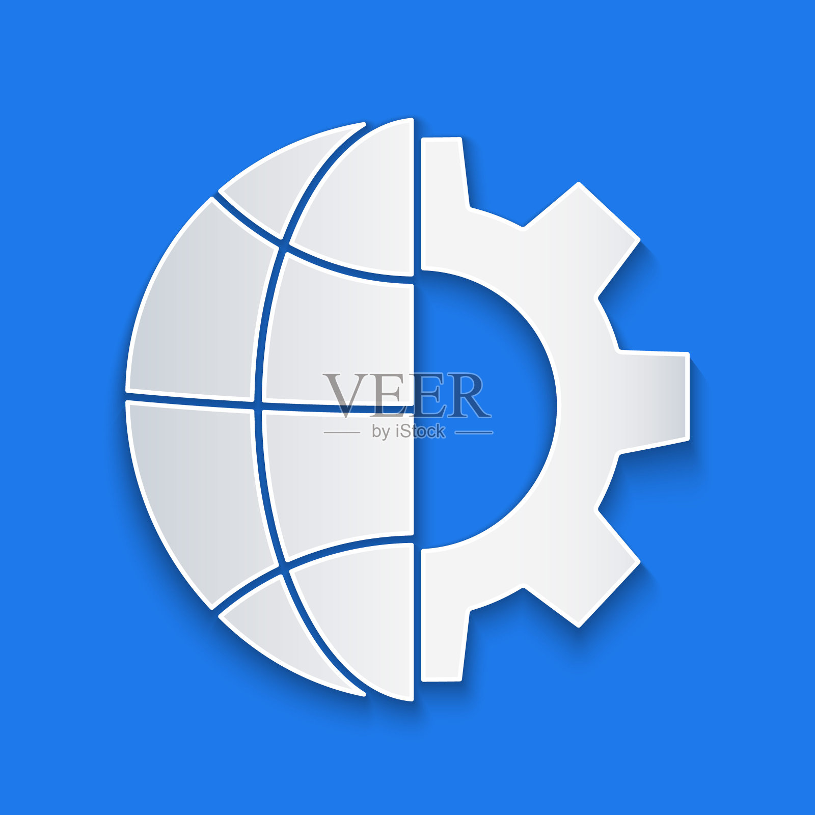 剪纸地球和齿轮或齿轮图标孤立在蓝色背景。设置参数。全球的选择。纸艺术风格。矢量图图标素材