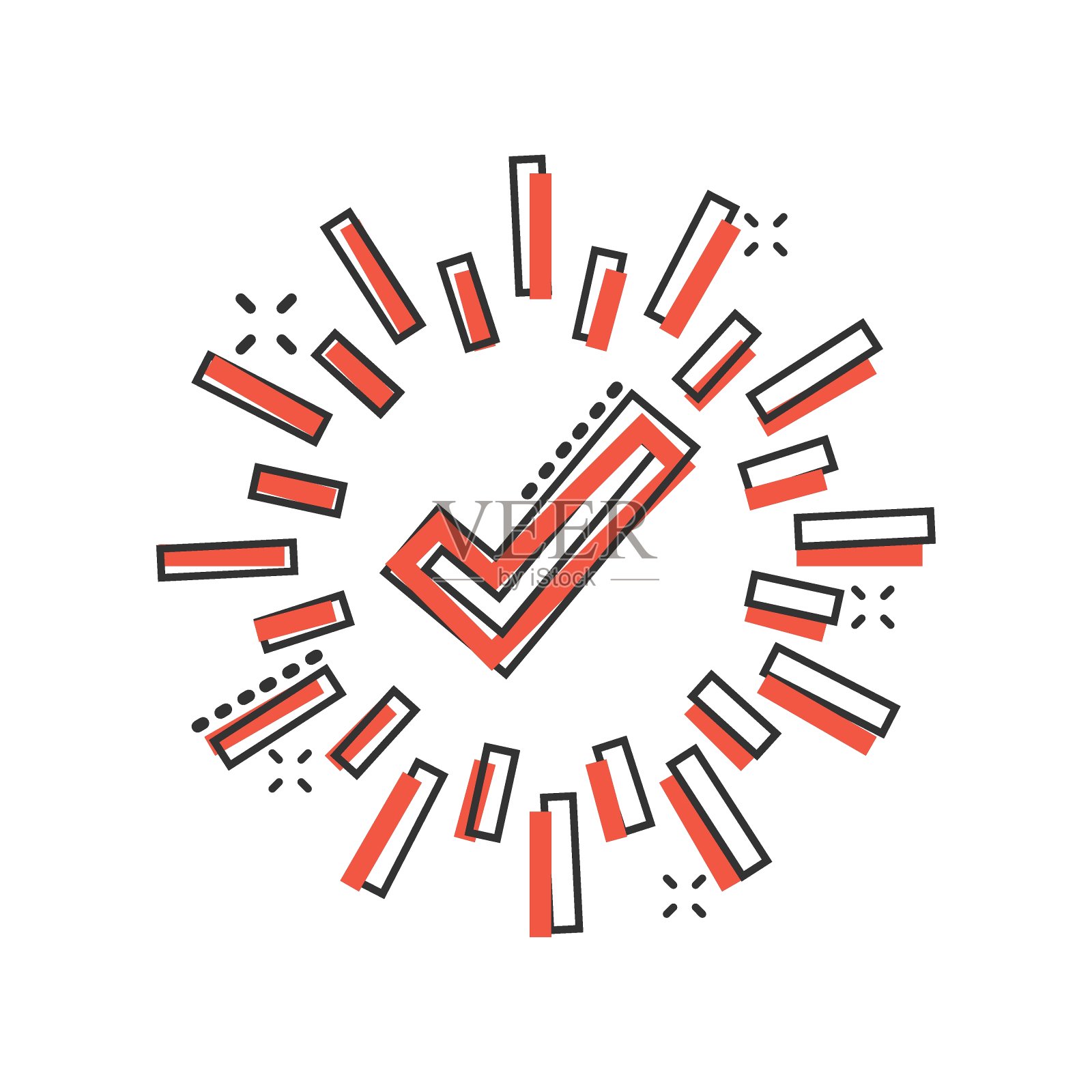 在漫画风格中检查标记符号图标。确认按钮卡通矢量插图在白色孤立的背景。接受喷溅效应的经营理念。图标素材