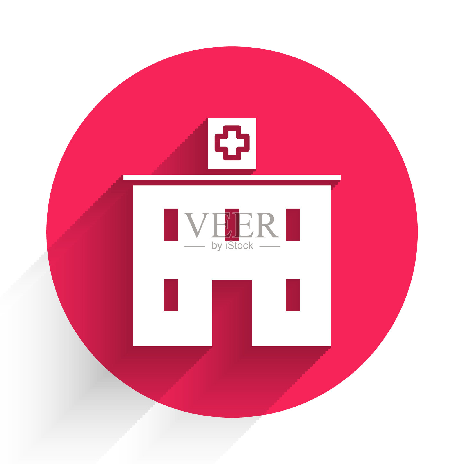 白色医院建筑与十字图标孤立与长影子。医疗中心。卫生保健。红色圆圈按钮。矢量图插画图片素材