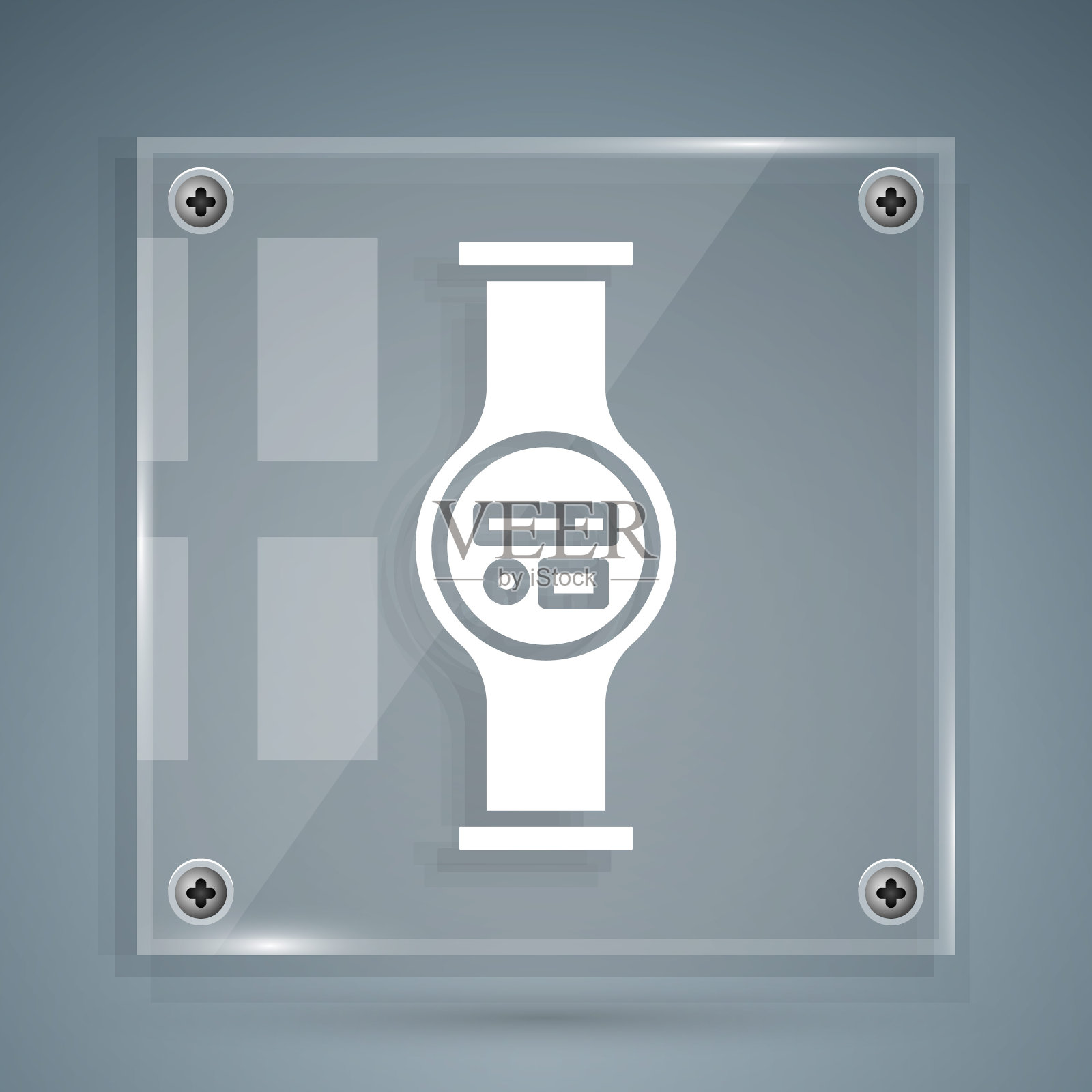 白色水表与管道图标隔离在灰色背景。方形玻璃面板。矢量图图标素材