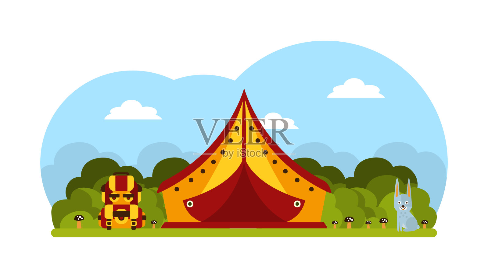 夏天露营在森林，帐篷，兔子和背包在美丽的风景，徒步旅行，徒步旅行在自然卡通矢量插图插画图片素材