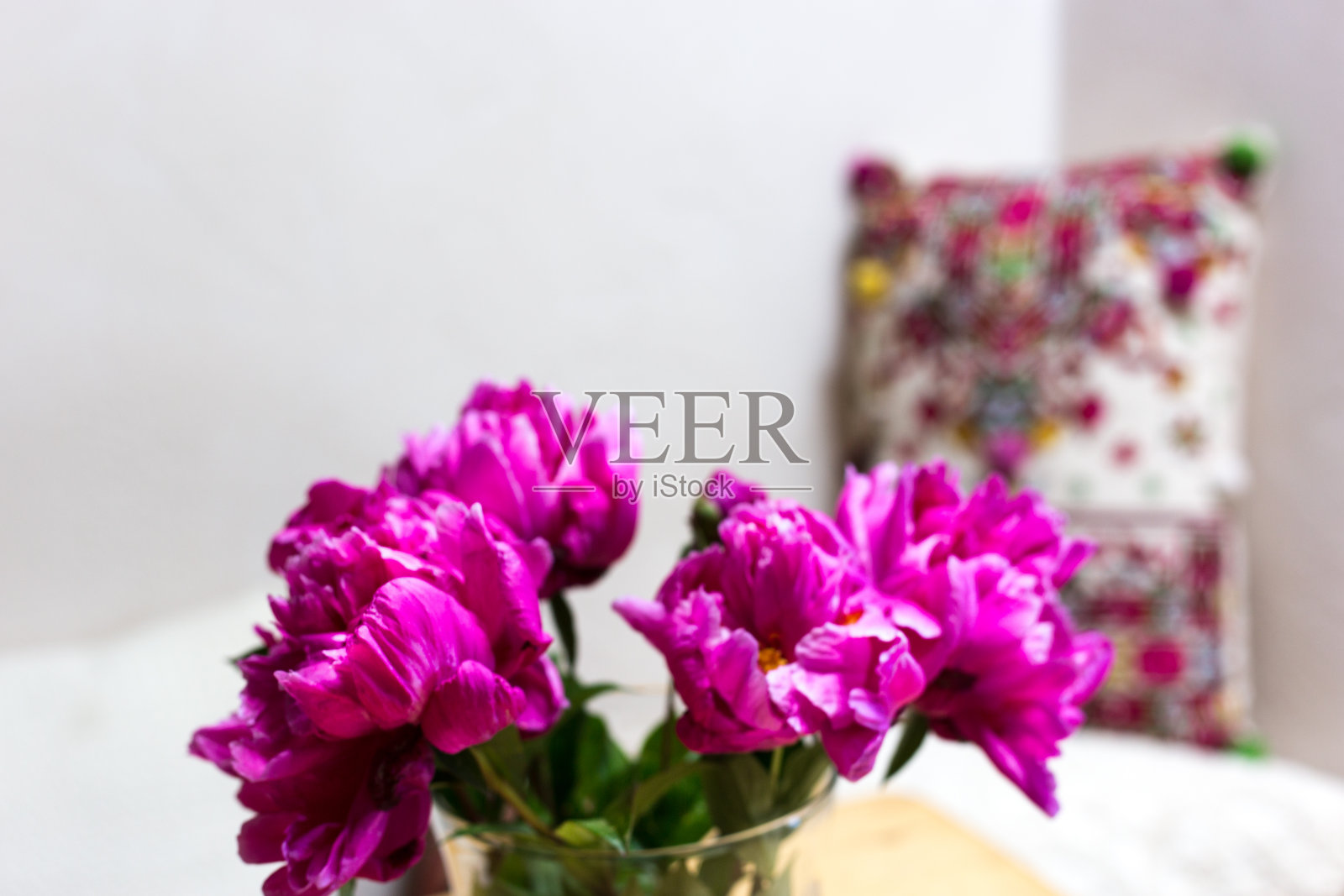 木桌牡丹切，抱枕，白墙照片摄影图片