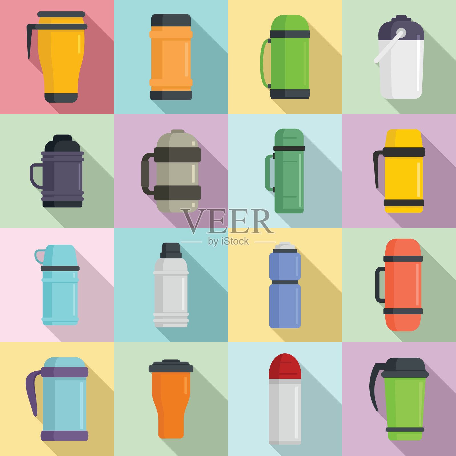 真空绝缘水瓶图标设置，扁平风格图标素材