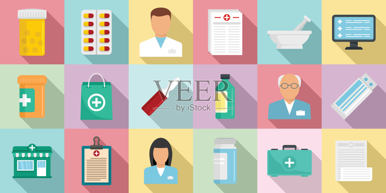 药剂师图标设置，平面风格插画图片素材