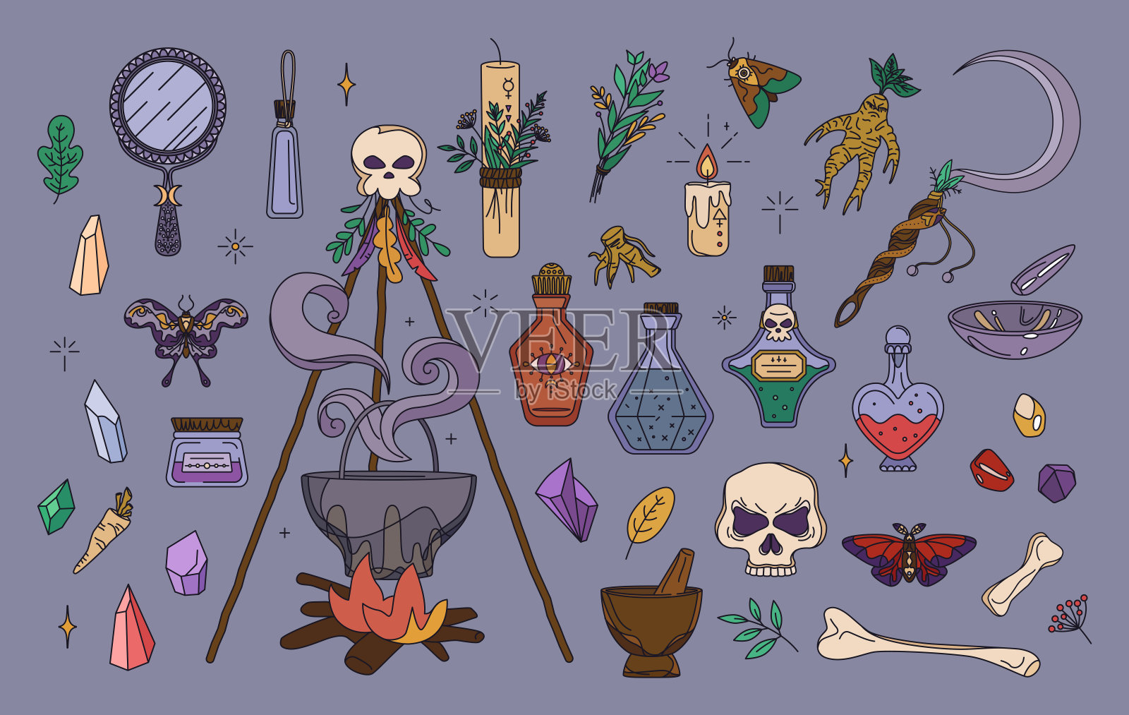 巫术崇拜，异教徒和草药收集。孤立的巫术元素设置-坩埚，镜子，蜡烛，仪式镰刀。神奇的、深奥的或神秘的符号。徽章、贴纸和印刷概念插画图片素材