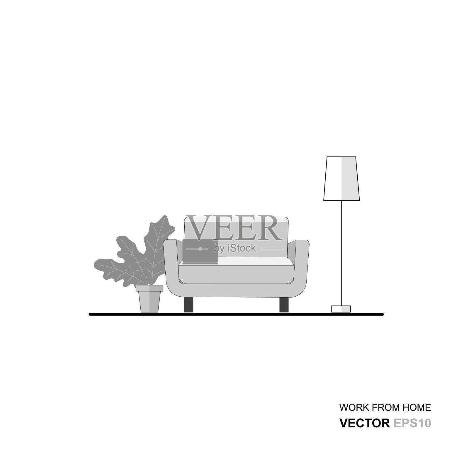 工作在家设置笔记本电脑在椅子上自由职业者或学习概念。插画图片素材