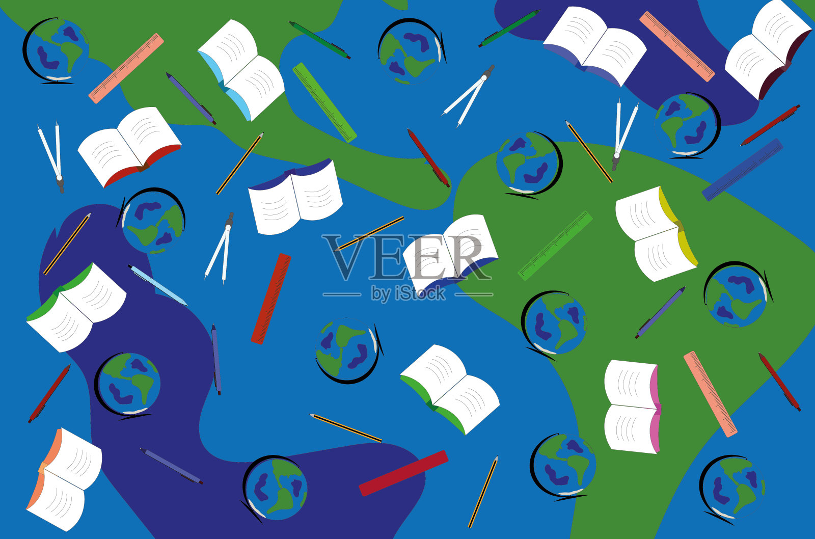 学校主题纹理与地球笔和书插画图片素材