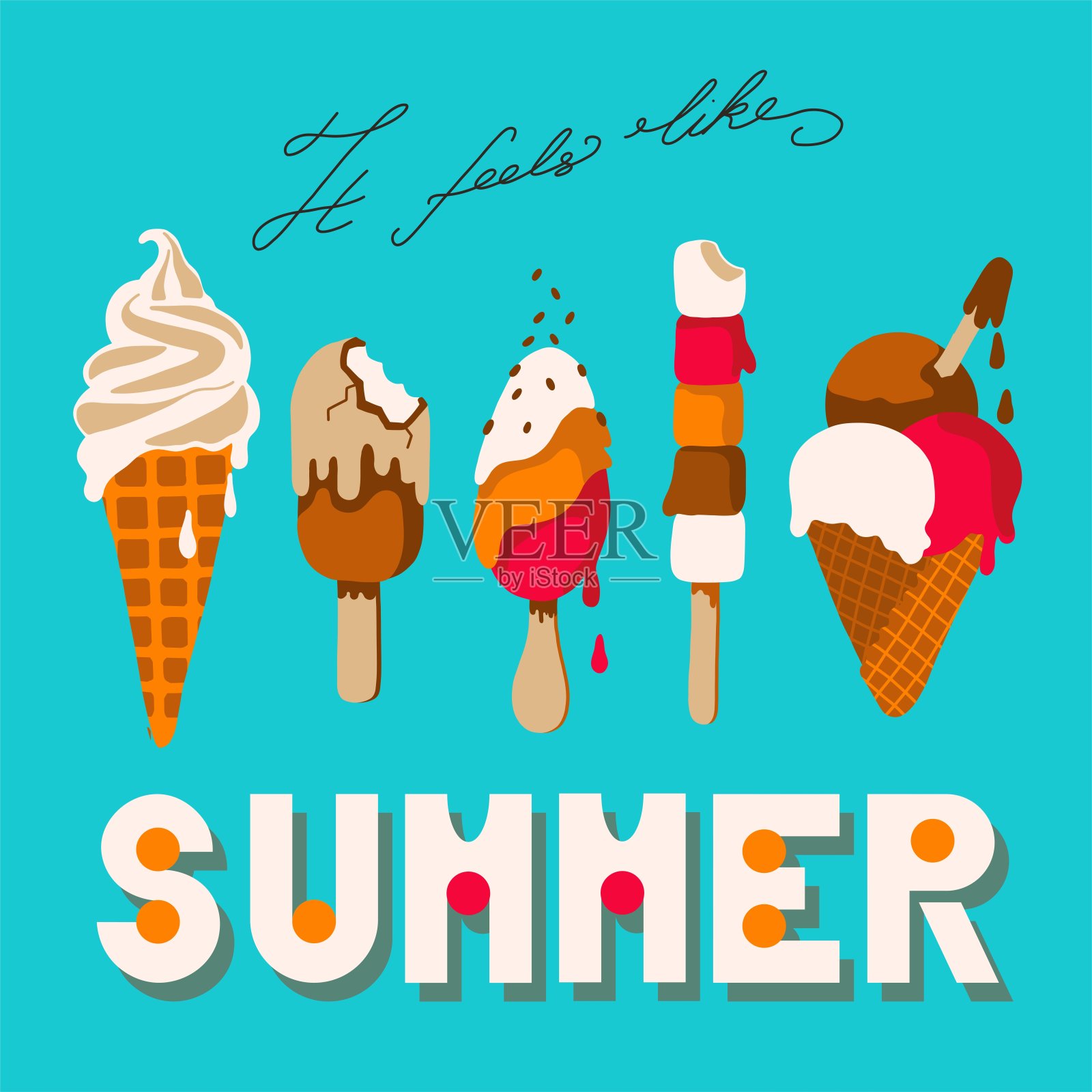 一套不同类型的冰淇淋在明亮的蓝色背景与排版-感觉像夏天-平面矢量插图插画图片素材