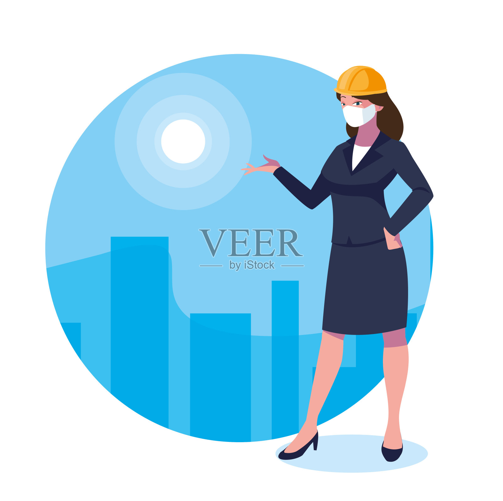 建筑师女人与面具和头盔矢量设计插画图片素材