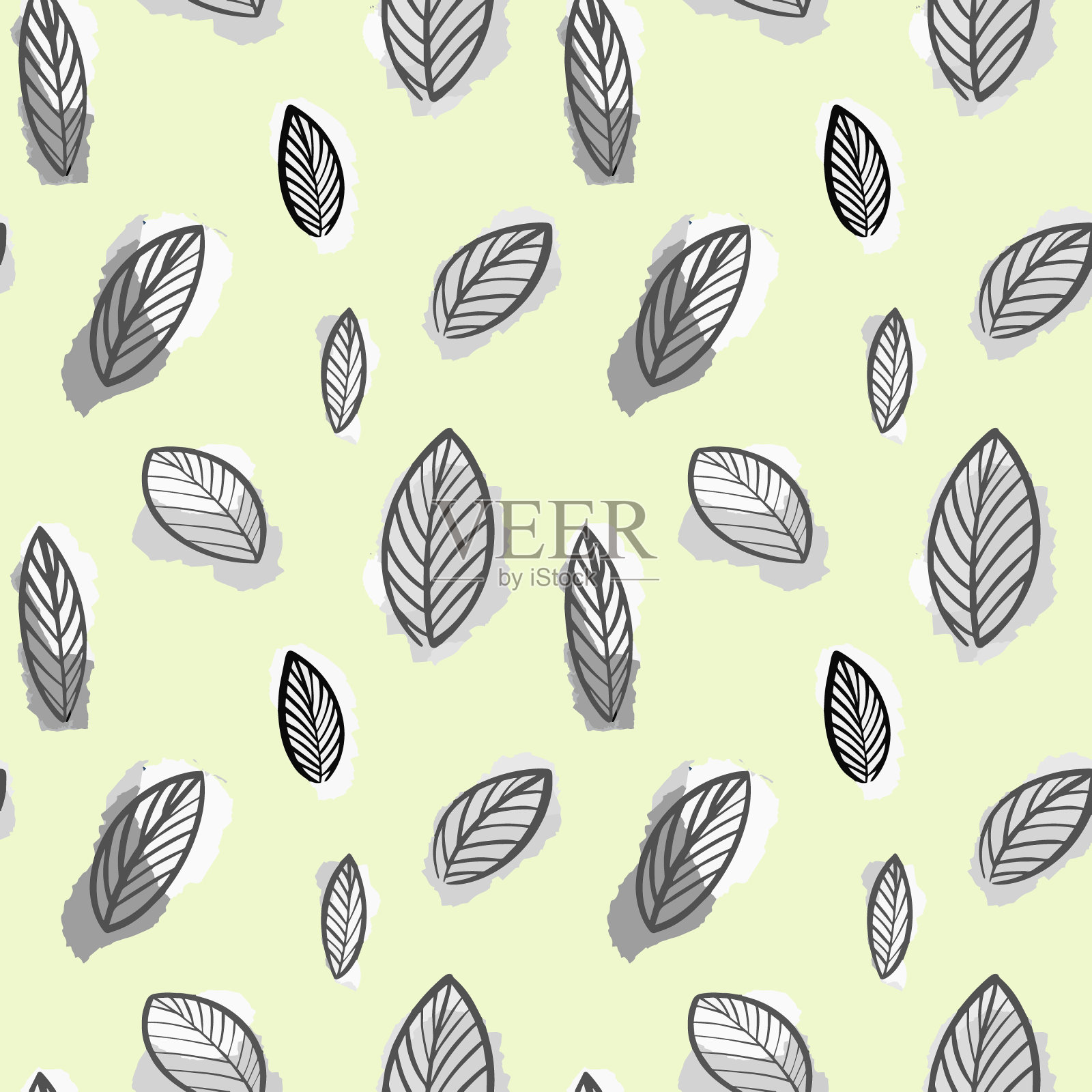 无缝隙的植物叶图案，背景为黄色。美丽的植物叶片插图。插画图片素材