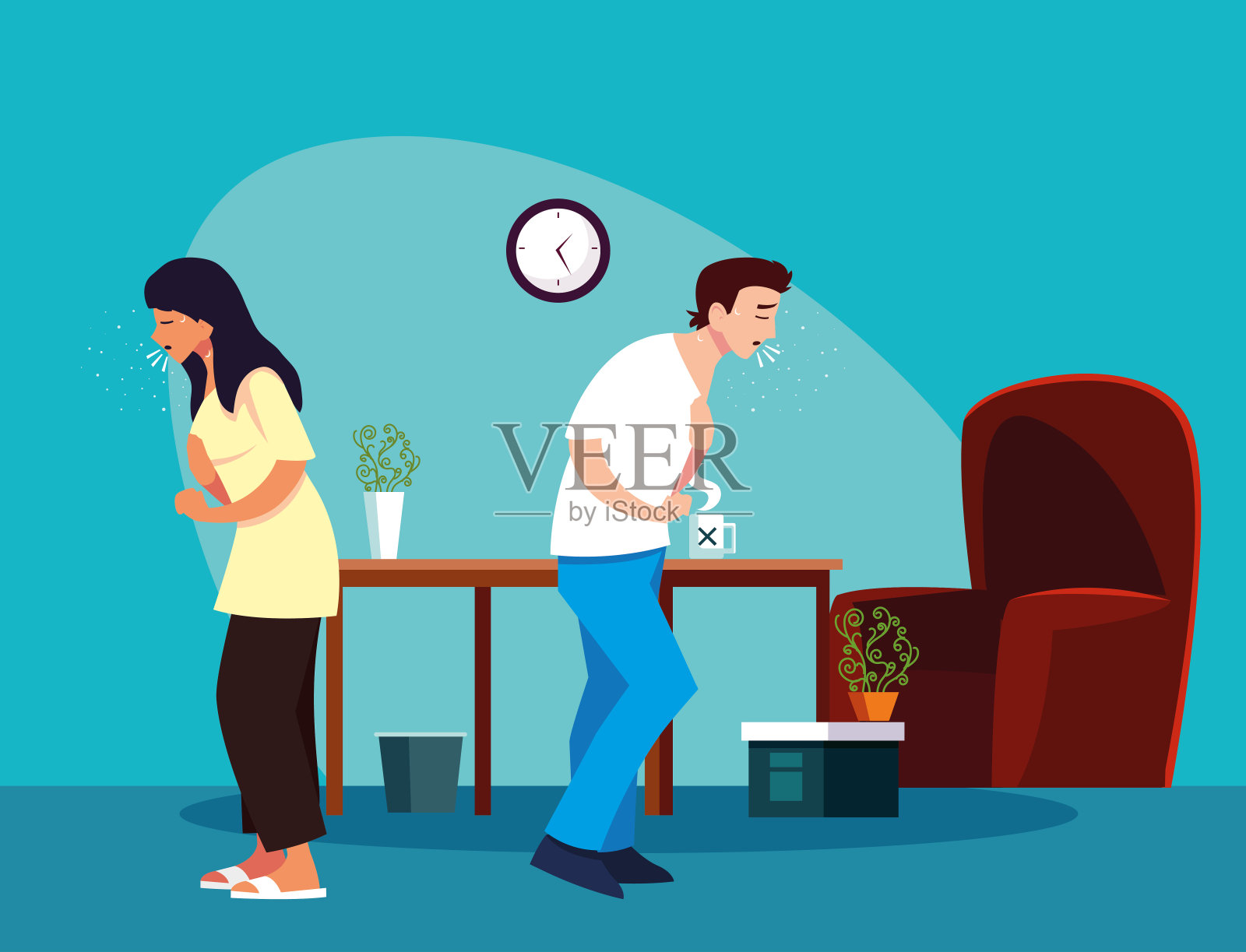 女人和男人在家感觉恶心矢量设计插画图片素材