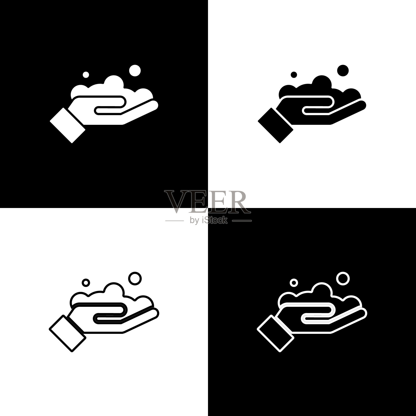 在黑白背景上设置洗手图标。用肥皂洗手可以预防病毒和细菌。矢量图图标素材