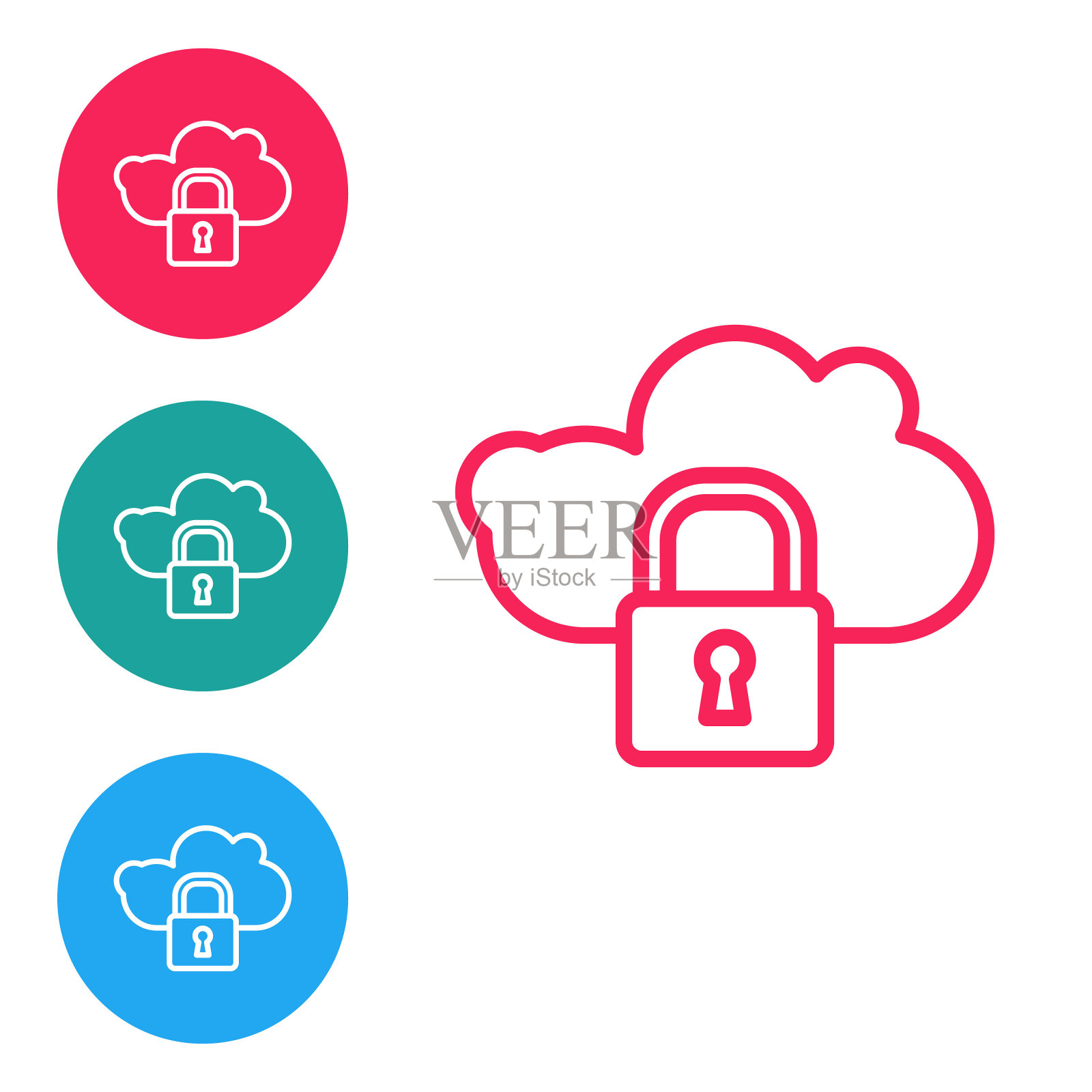 云计算锁定图标隔离在白色背景上。安全、安全、保护的理念。保护个人资料。在圆形按钮中设置图标。矢量图设计元素图片