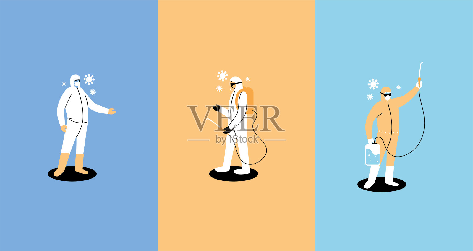 工作人员穿上防护服，贴海报进行冠状病毒消毒插画图片素材