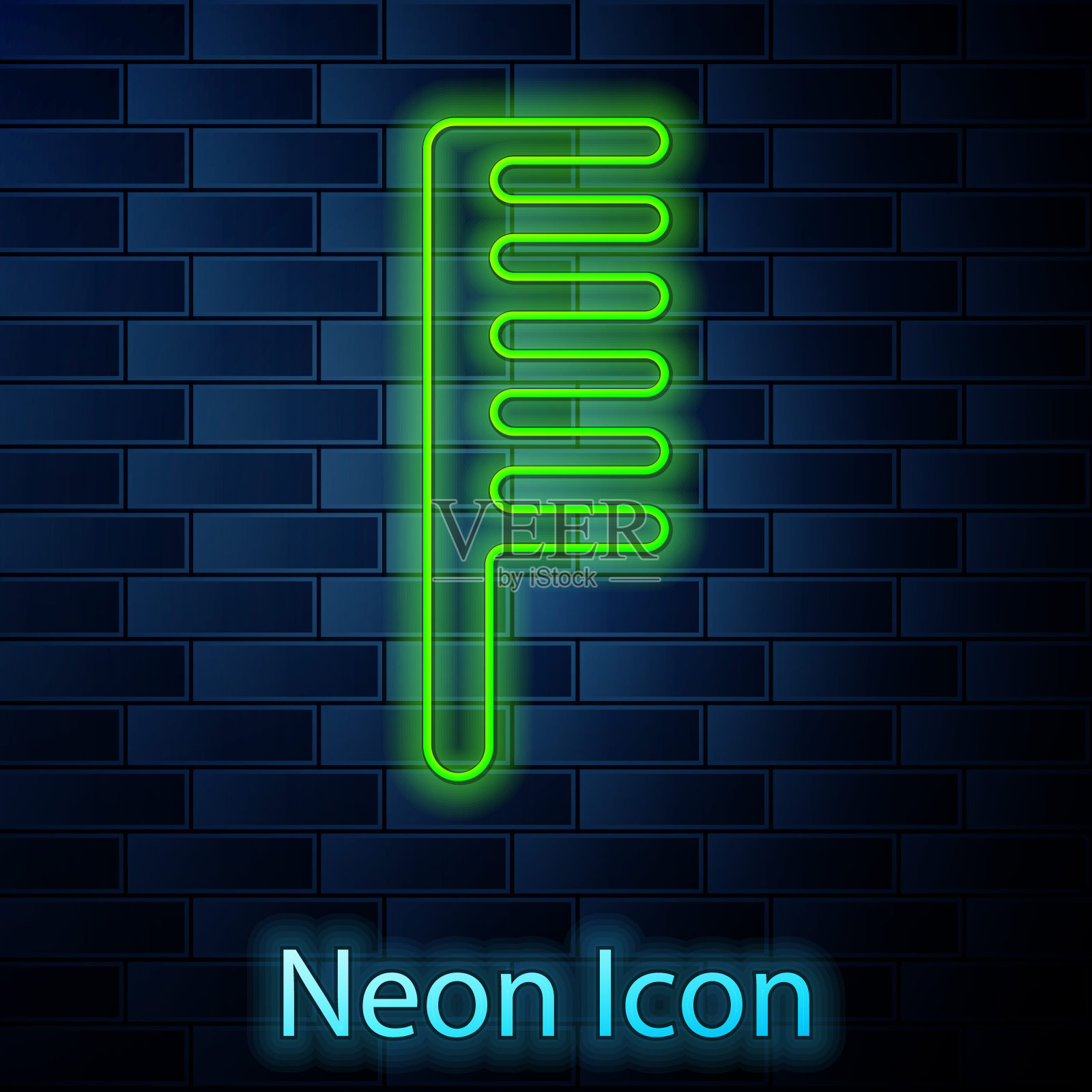 发光的霓虹灯线毛刷图标孤立在砖墙的背景上。梳理头发的迹象。理发师的象征。矢量图插画图片素材