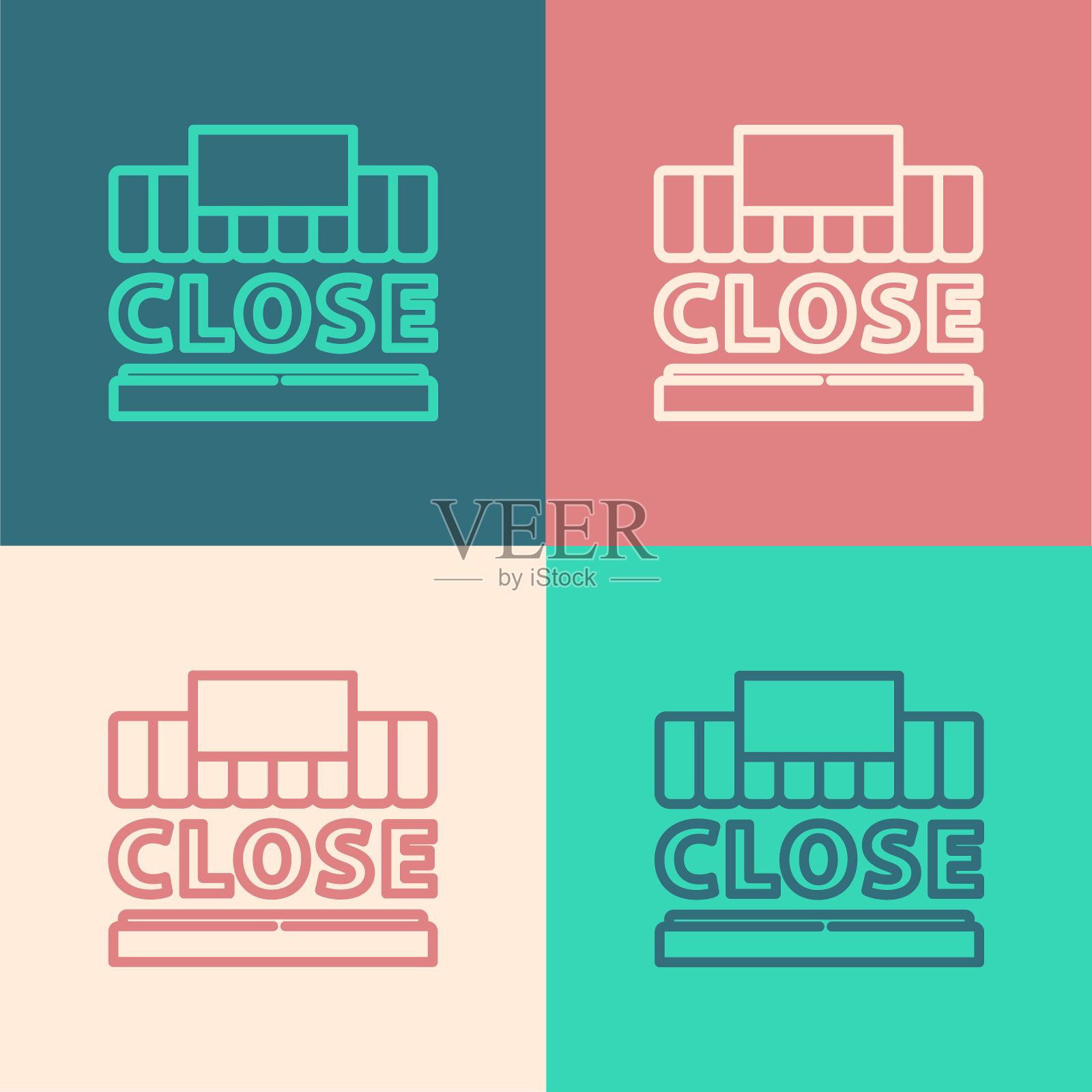 流行艺术线购物大楼或市场商店和文本封闭图标孤立的颜色背景。店建设。矢量图图标素材