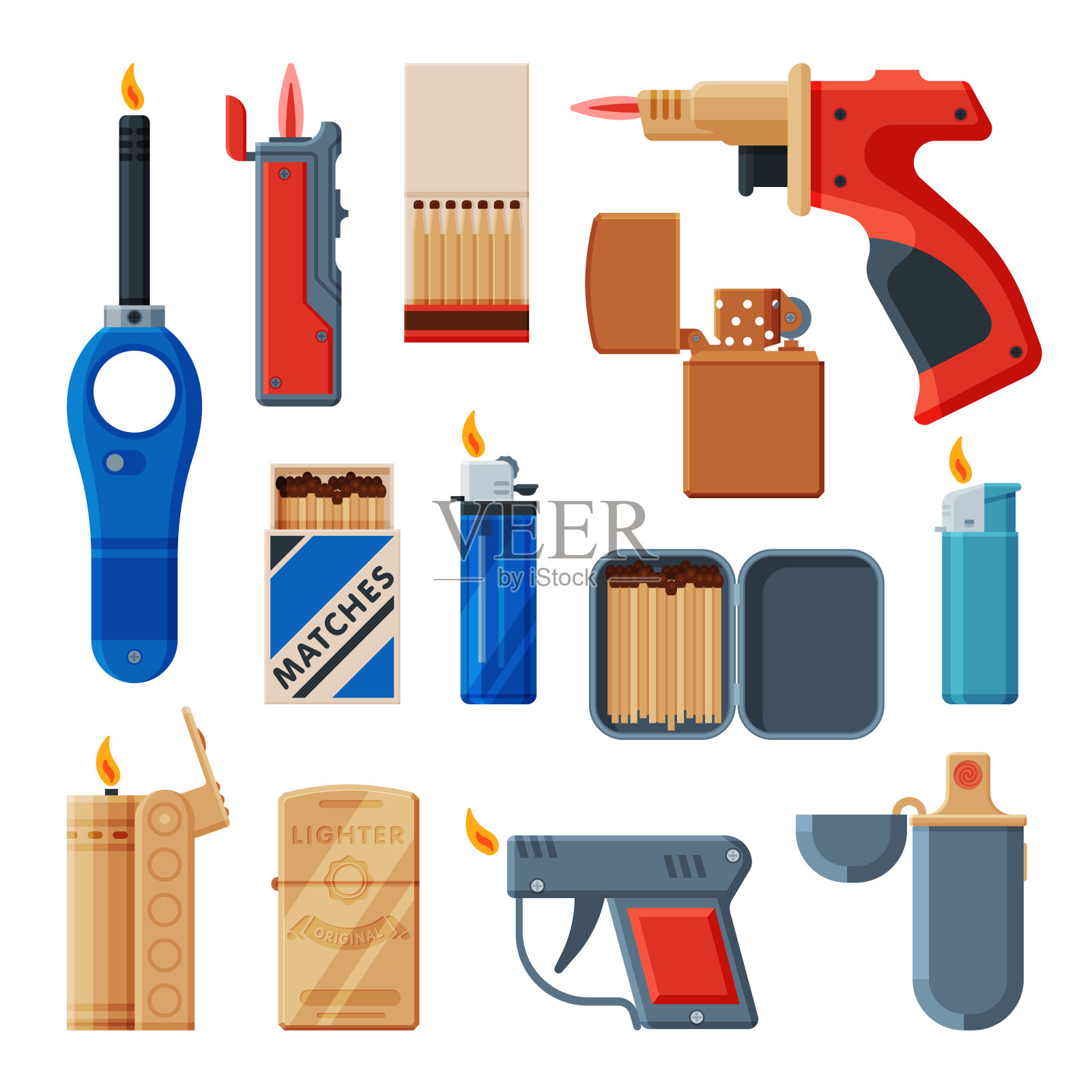 香烟和炉灶厨房打火机，火柴盒与火柴，可燃吸烟设备矢量插图的收集插画图片素材