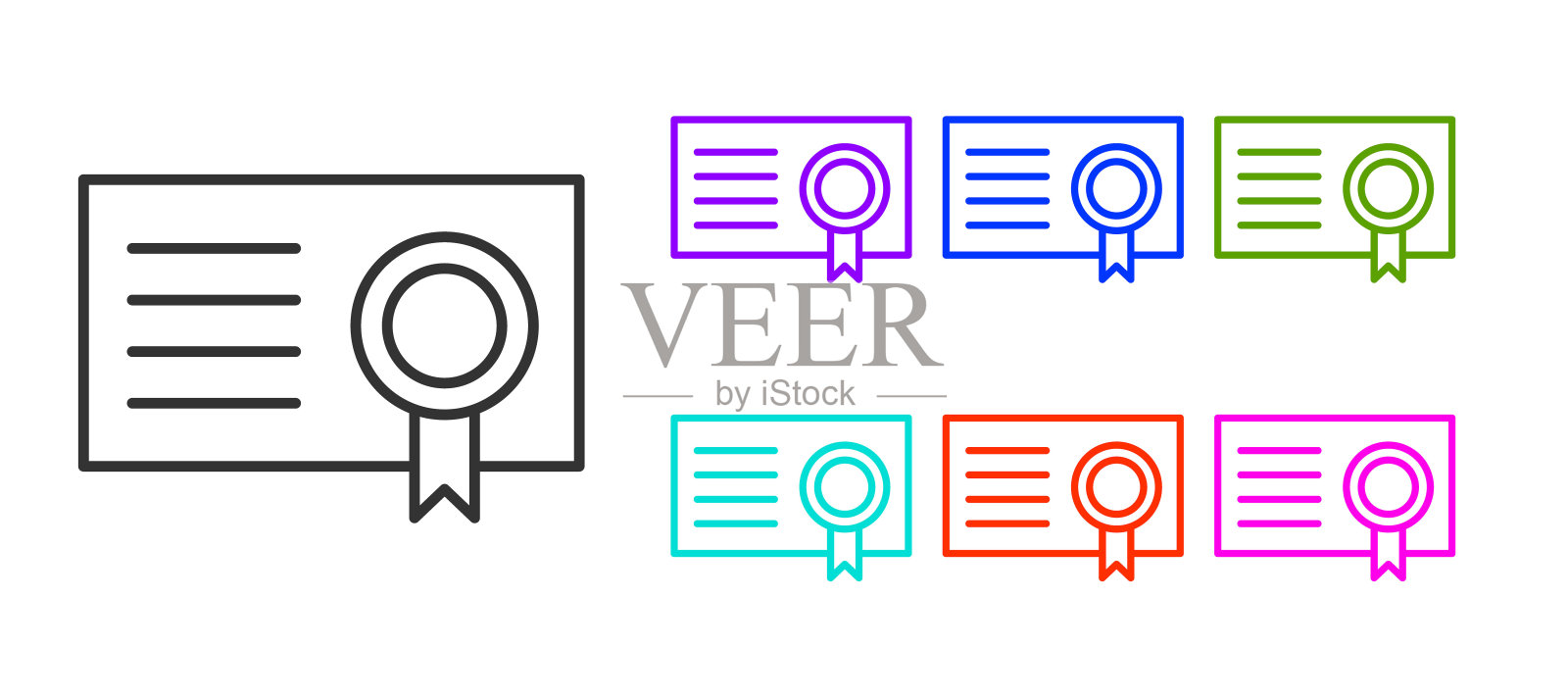 黑线证书模板图标隔离在白色背景上。成就，奖励，学位，授予，文凭概念。设置图标丰富多彩。矢量图插画图片素材