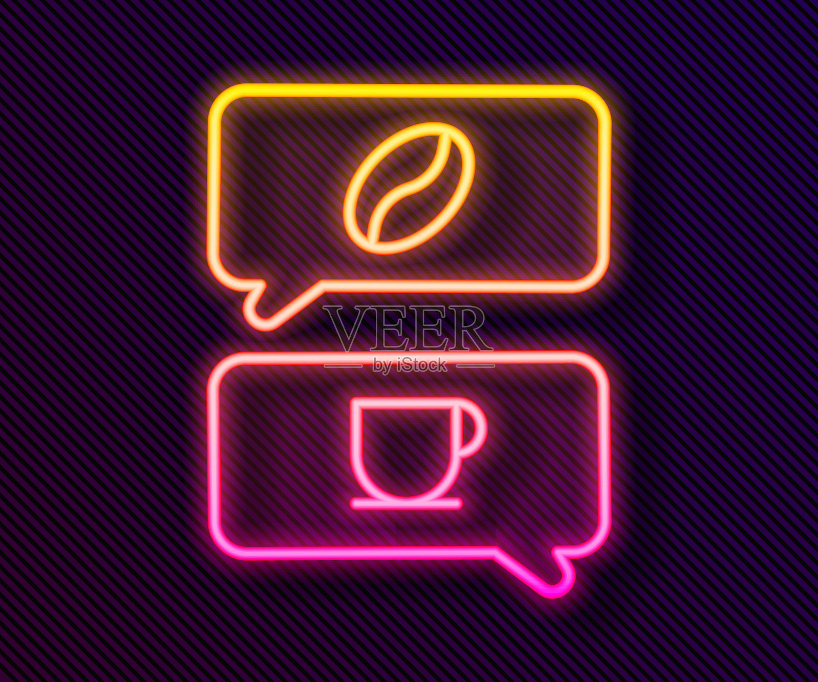 发光的霓虹线咖啡和对话图标孤立在黑色背景。咖啡说话。演讲泡沫聊天。矢量图插画图片素材