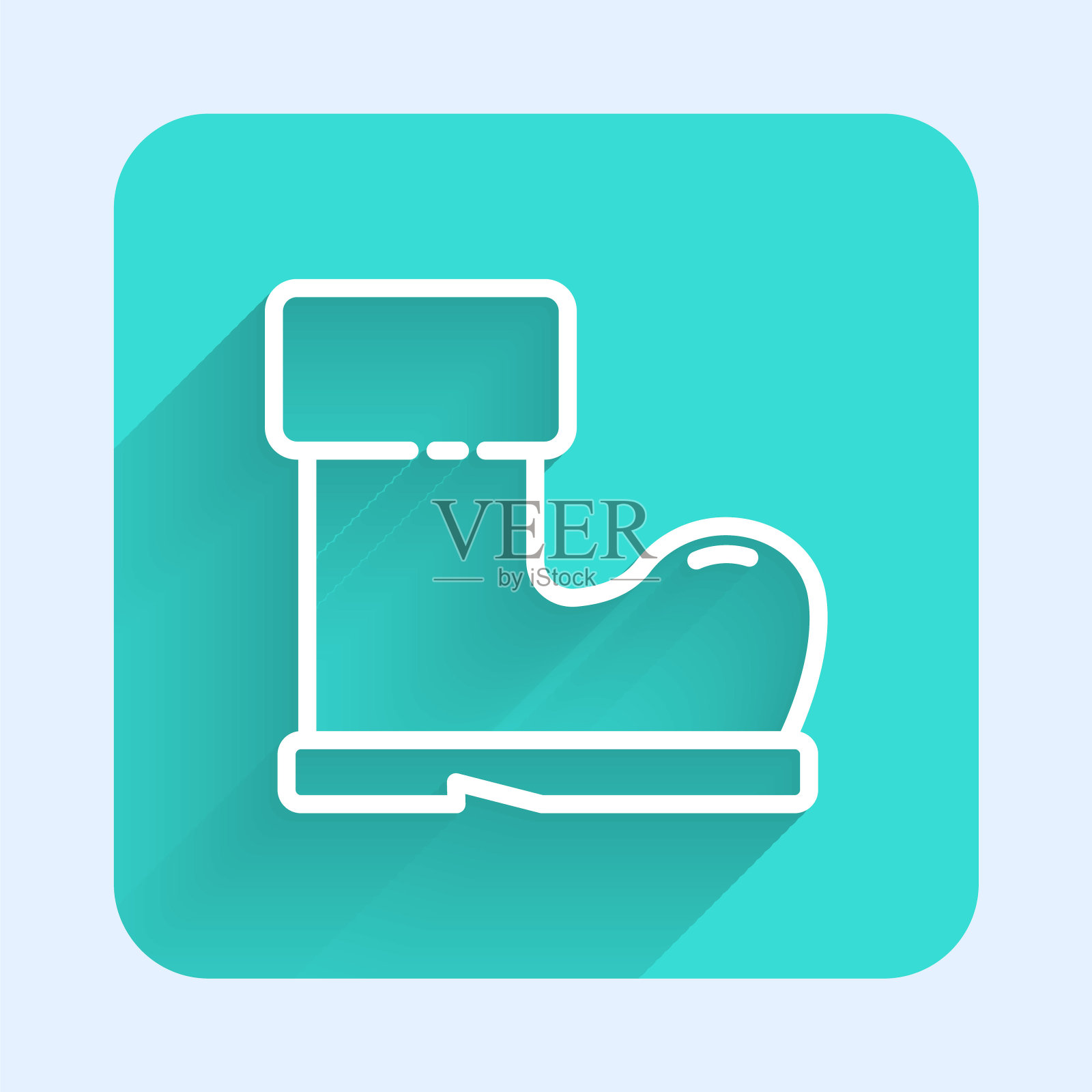 白色线防水橡胶靴图标隔离与长影子。下雨天用胶靴，钓鱼，园艺用。绿色广场按钮。矢量图插画图片素材