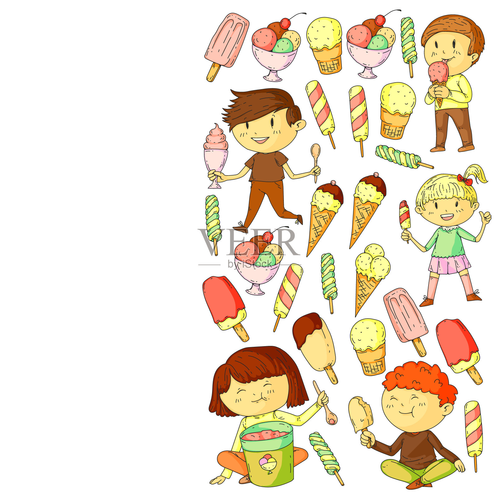 小孩子在吃冰淇淋。暑假。甜果沙漠。插画图片素材