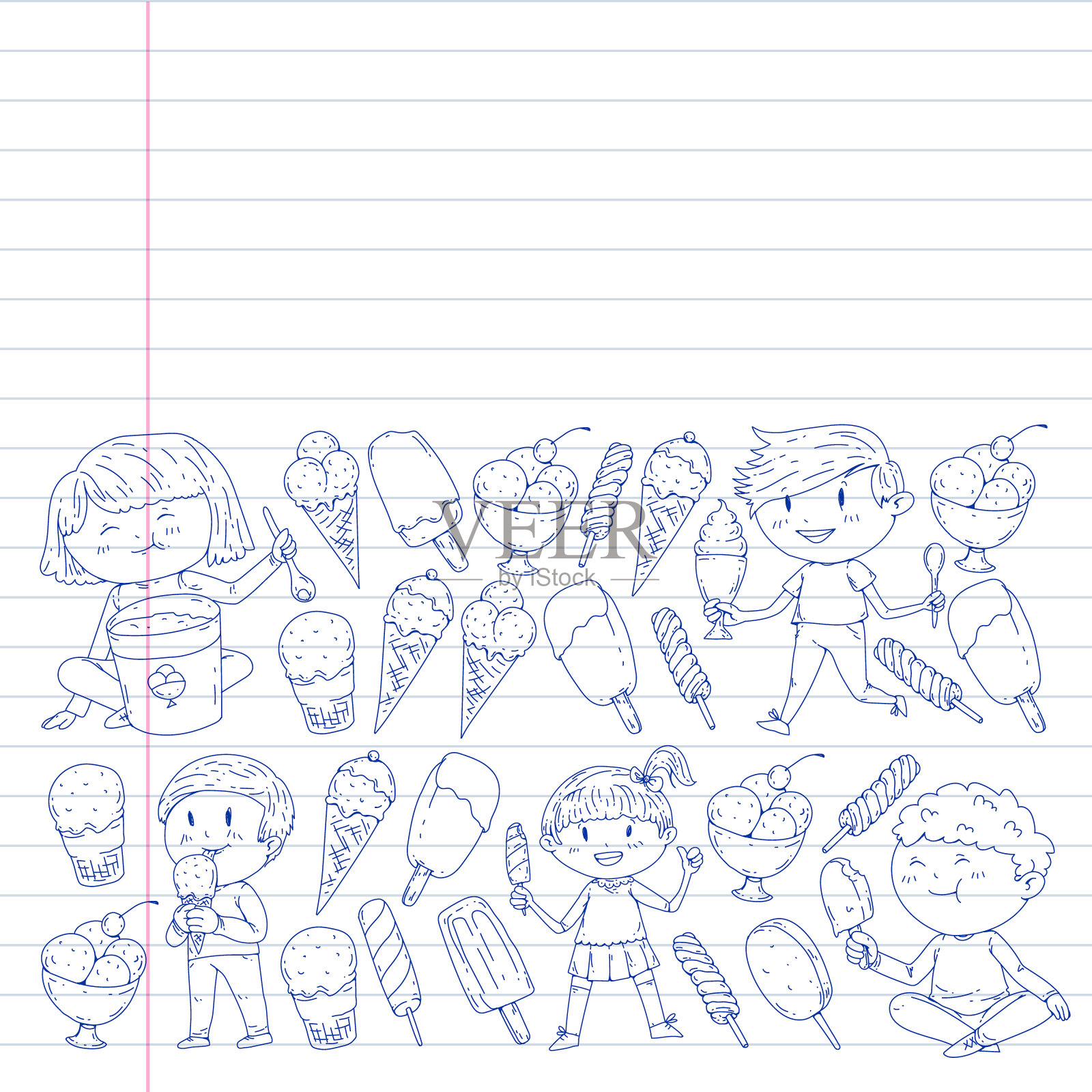 小孩子在吃冰淇淋。暑假。甜果沙漠。插画图片素材