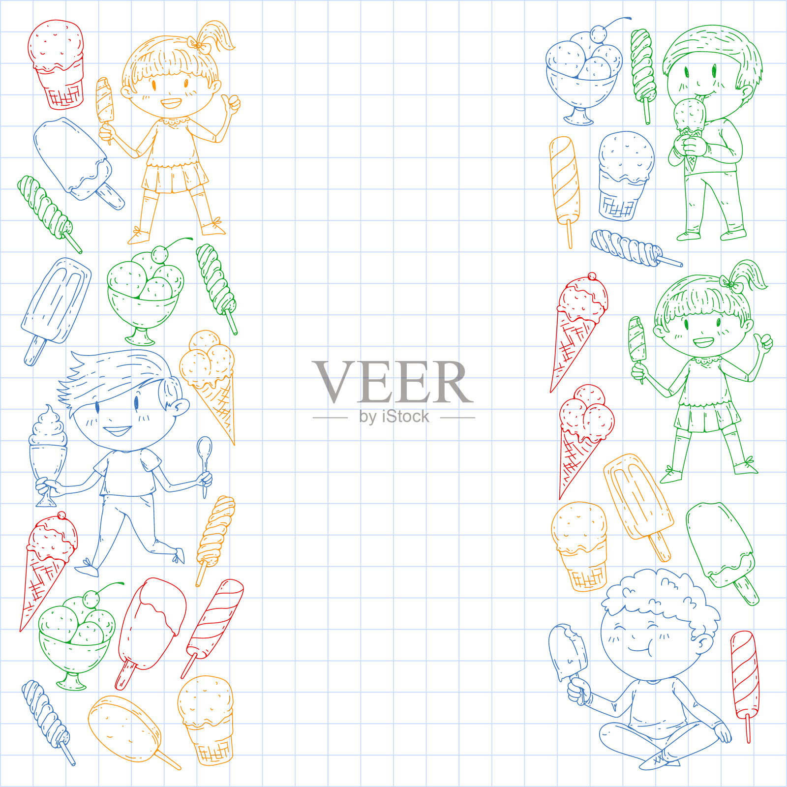 小孩子在吃冰淇淋。暑假。甜果沙漠。插画图片素材