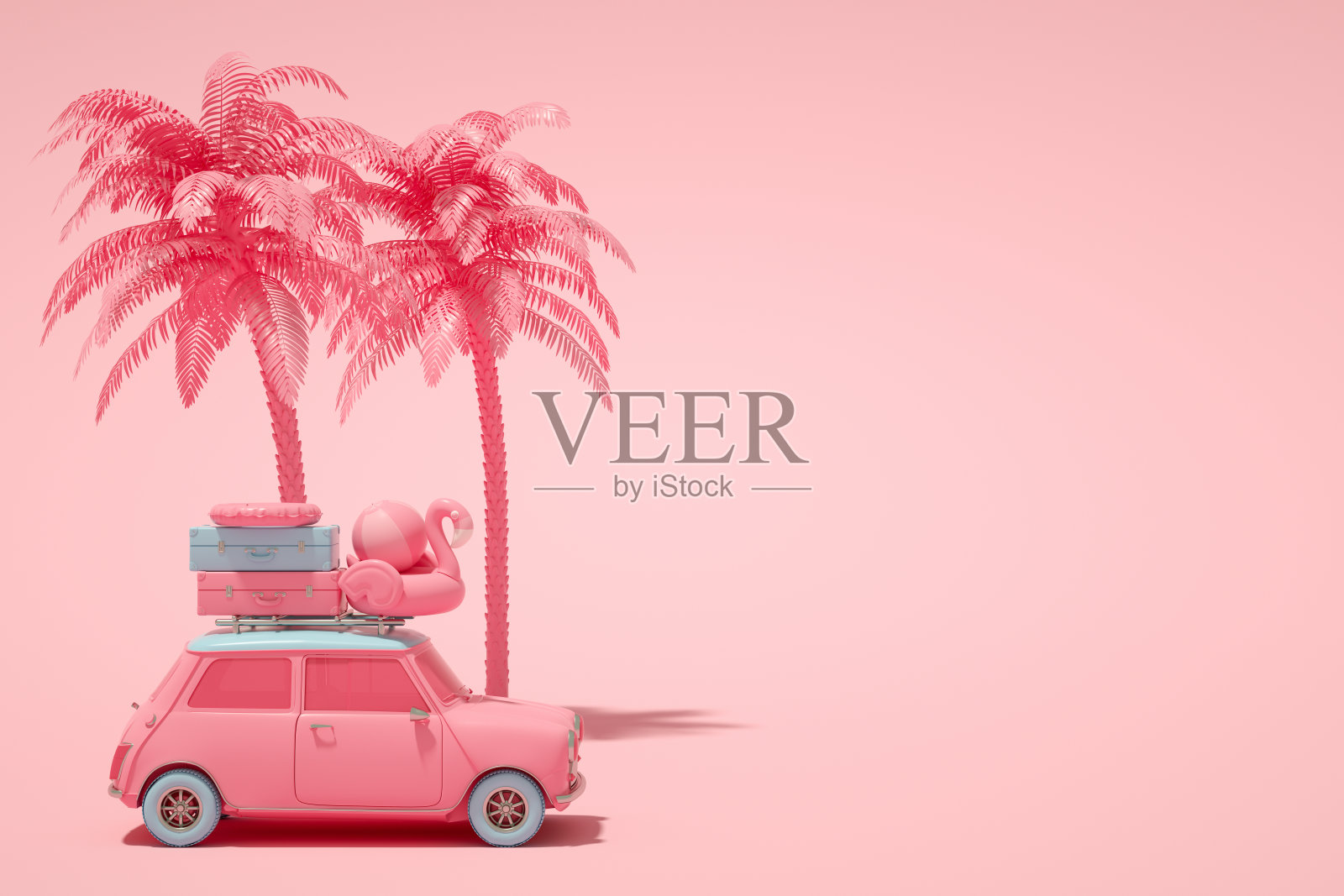 最小的夏季和旅游概念，3D汽车和行李插画图片素材