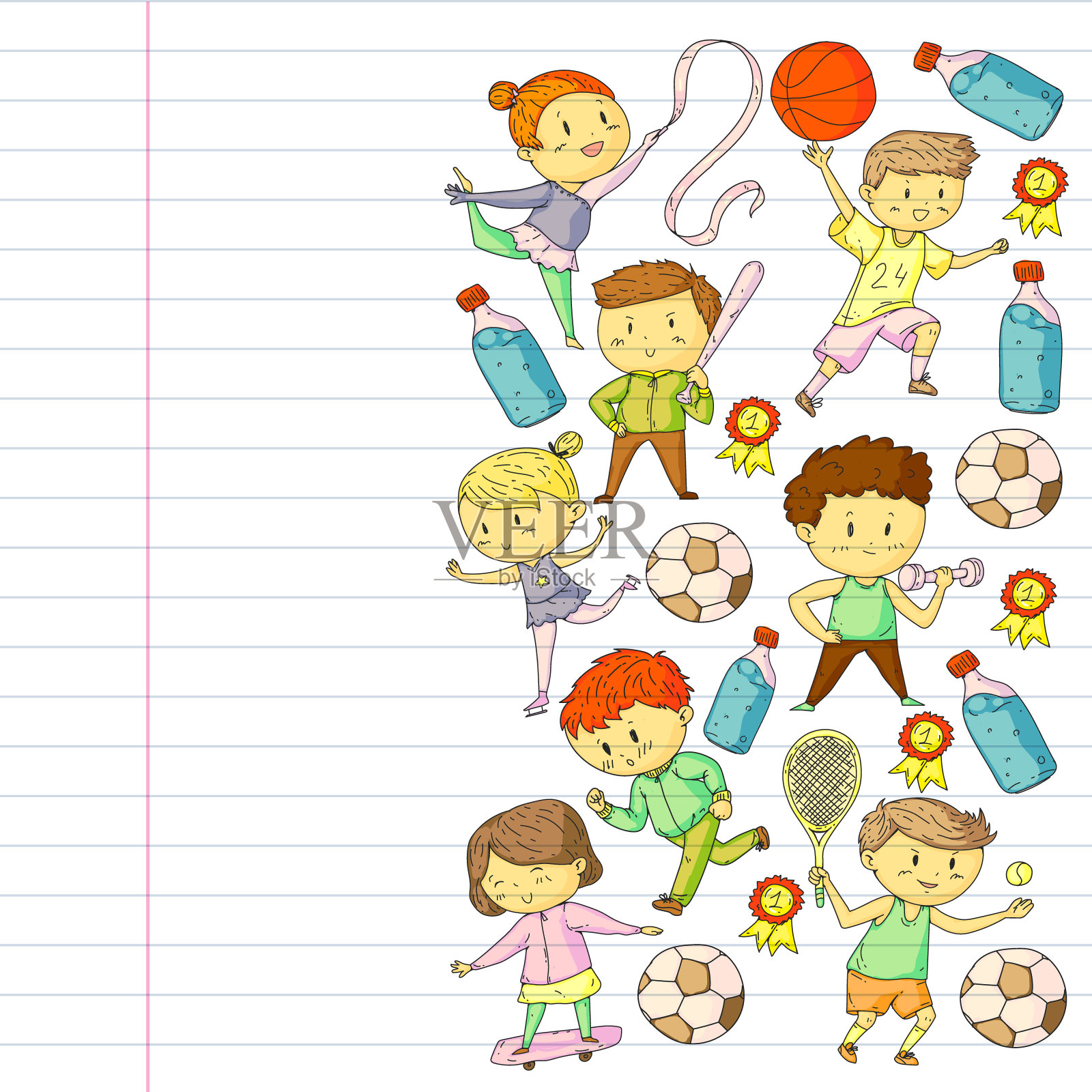 儿童和运动。矢量插图的活动。足球，足球，跑步，跳舞，武术。学校和幼儿园的保健。插画图片素材