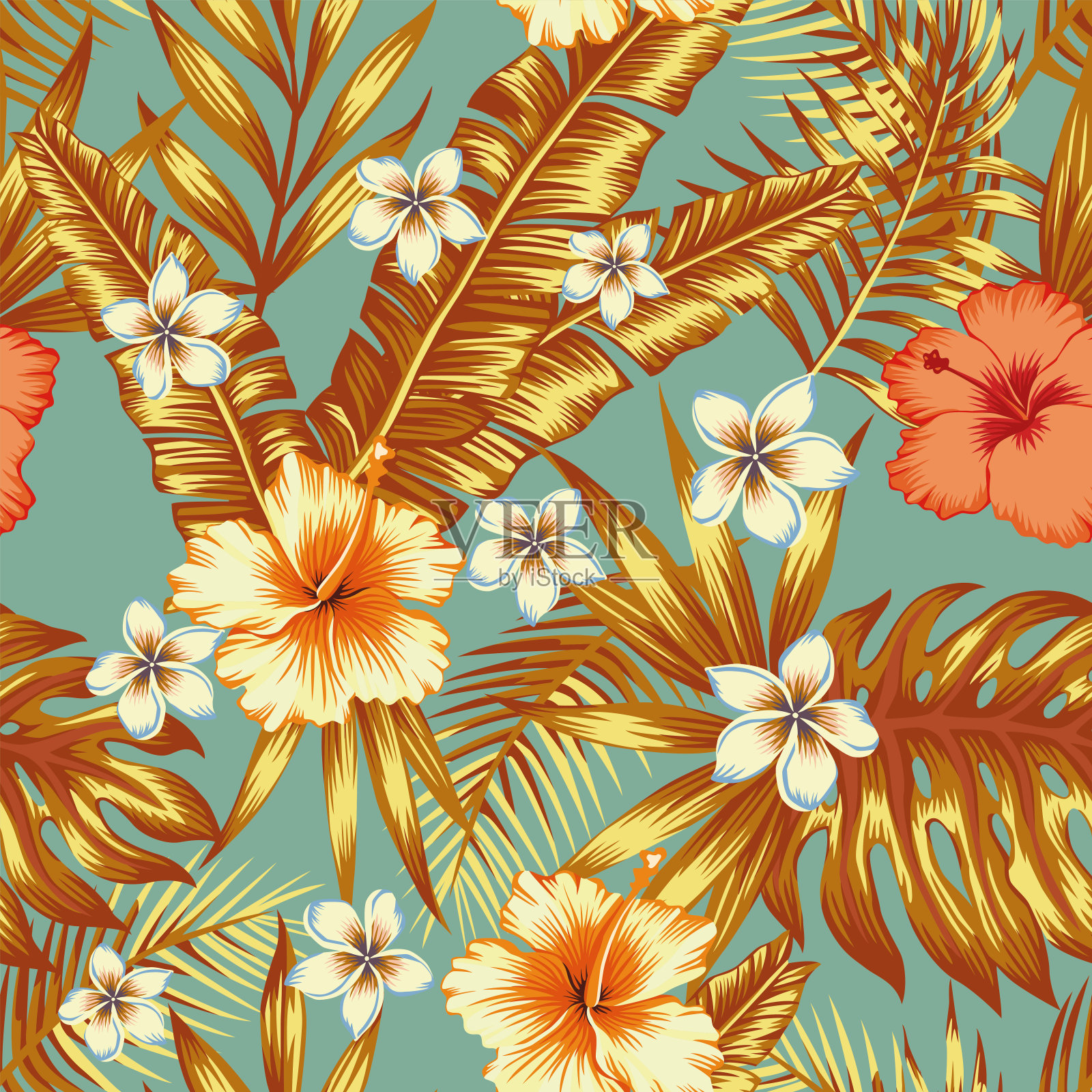 丛林鲜花和树叶的背景插画图片素材