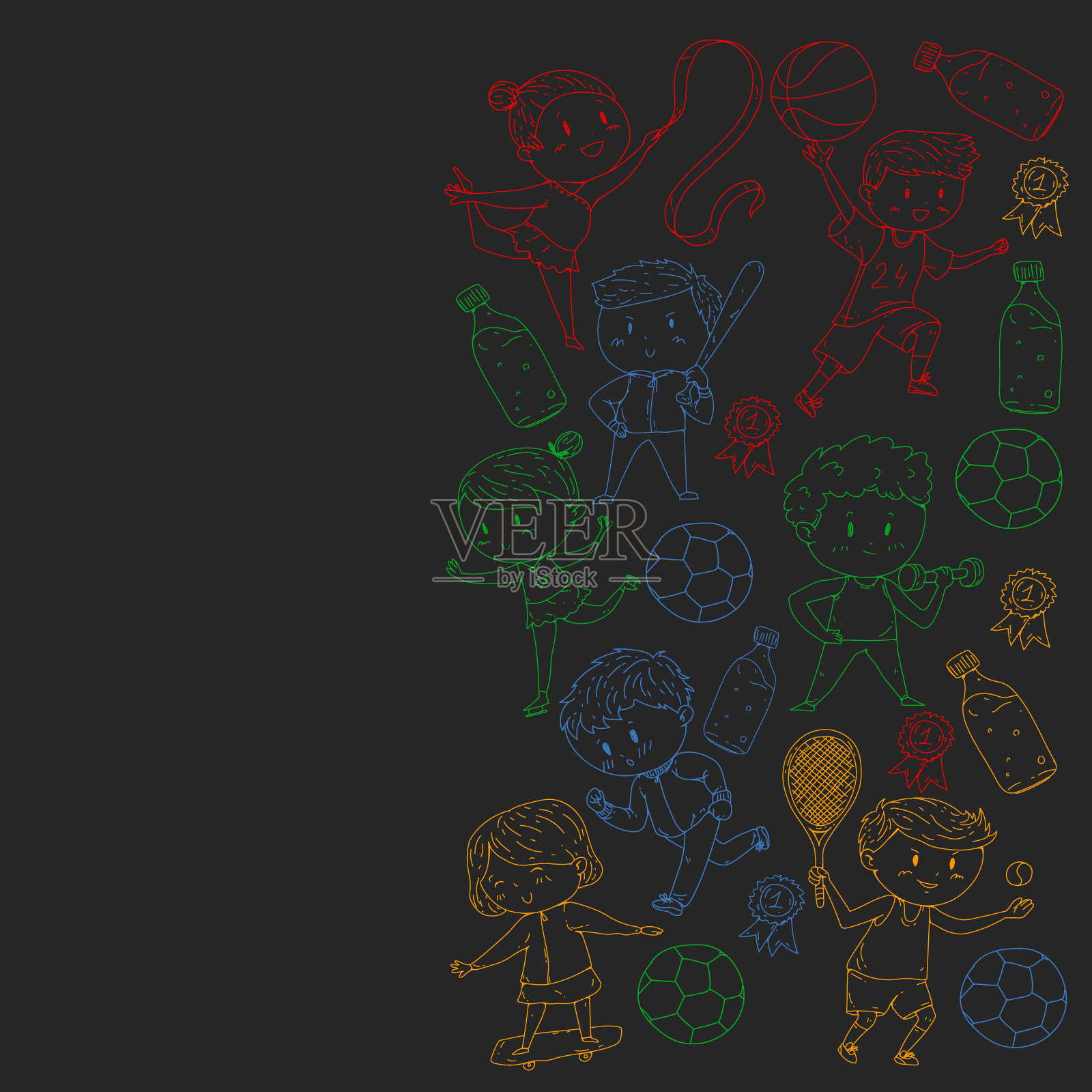 儿童和运动。矢量插图的活动。足球，足球，跑步，跳舞，武术。学校和幼儿园的保健。插画图片素材