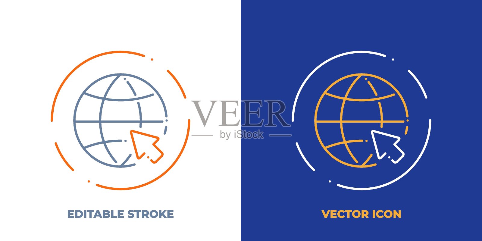 世界与鼠标光标线艺术矢量图标与可编辑的笔触。网络浏览器的轮廓符号。由细笔画制成的网状象形文字。孤立的背景。插画图片素材