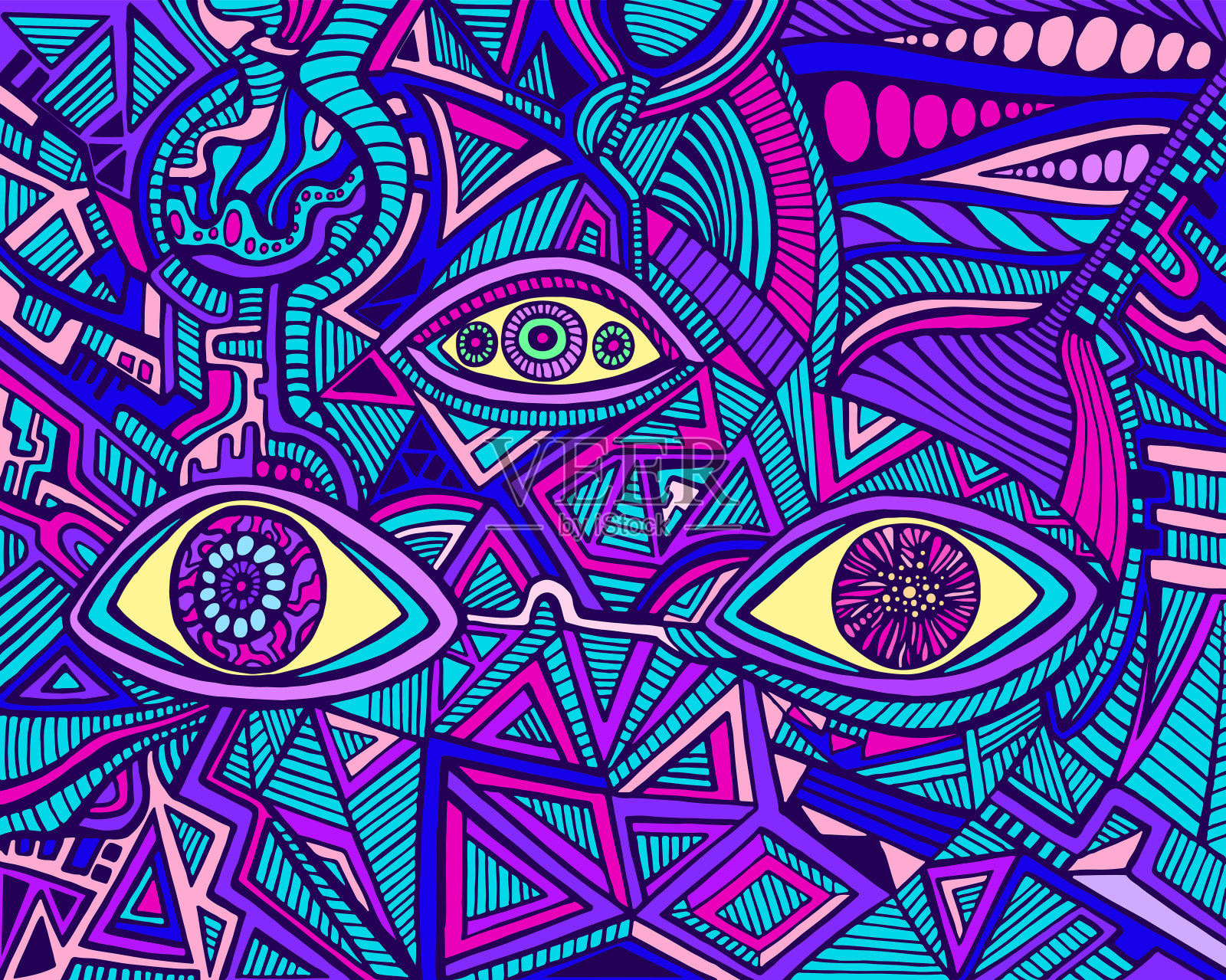 卡通滑稽的迷幻萨满眼睛的疯狂模式。色彩丰富的艺术与装饰的眼睛。超现实涂鸦时尚卡片。抽象图案与迷宫装饰。矢量手绘插图。插画图片素材