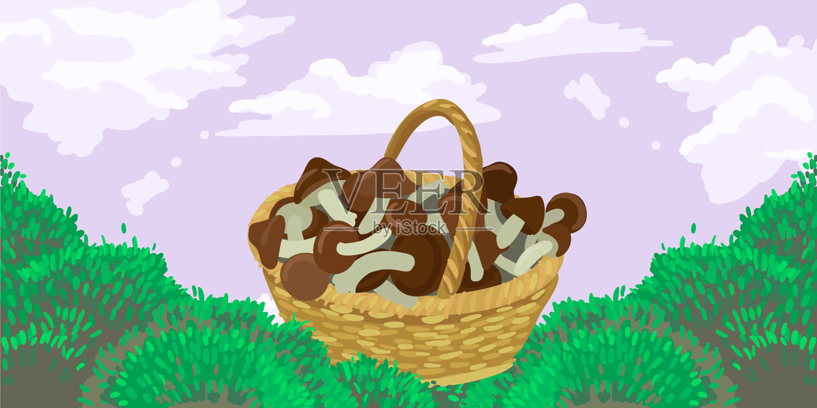 一个装满蘑菇的篮子和一个棕色的草帽插画图片素材