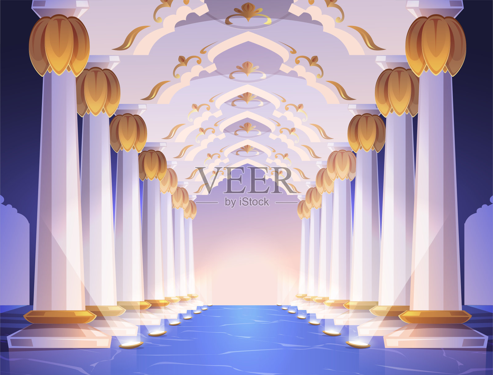 宫殿里有柱子和拱门的走廊插画图片素材