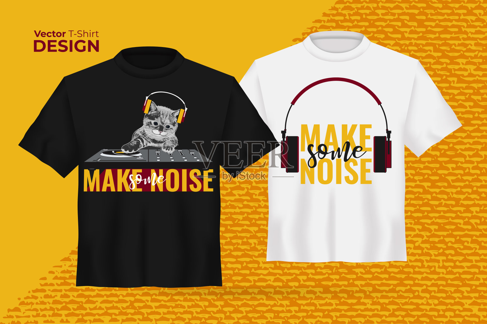向量t恤模拟设置与有趣的猫耳机，DJ混音，口号制造一些噪音。3d逼真的衬衫模板。黑白男孩和女孩t恤衫模型，前视图设计。矢量图插画图片素材