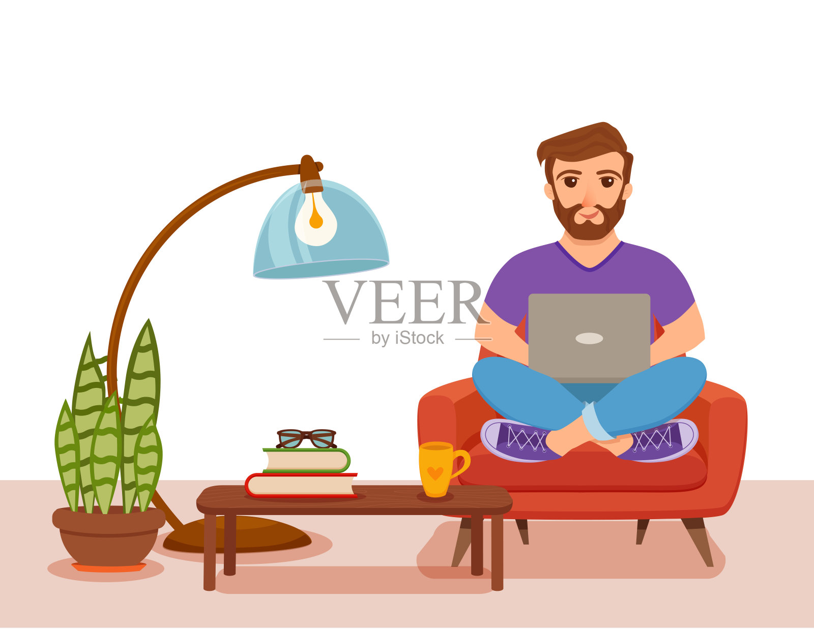 自由职业者快乐的年轻人在家庭客厅的沙发上工作插画图片素材