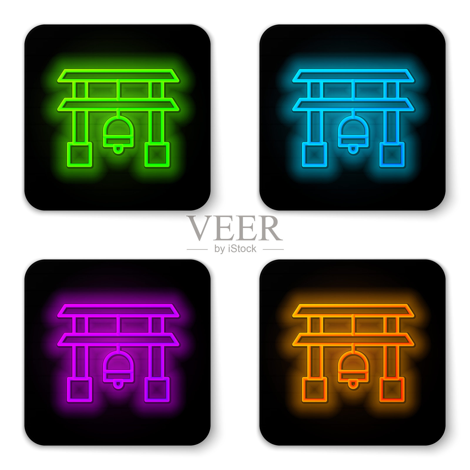 发光的霓虹灯线日本门图标孤立在白色的背景。鸟居的迹象。日本传统古典大门符号。黑色方形按钮。矢量图图标素材