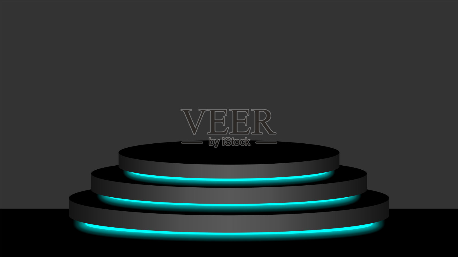 圆形底座3d黑色和浅蓝色霓虹灯发光，化妆品展示现代和led灯，讲台舞台展示为位置装饰蓝色荧光灯，底座盒为产品位置插画图片素材