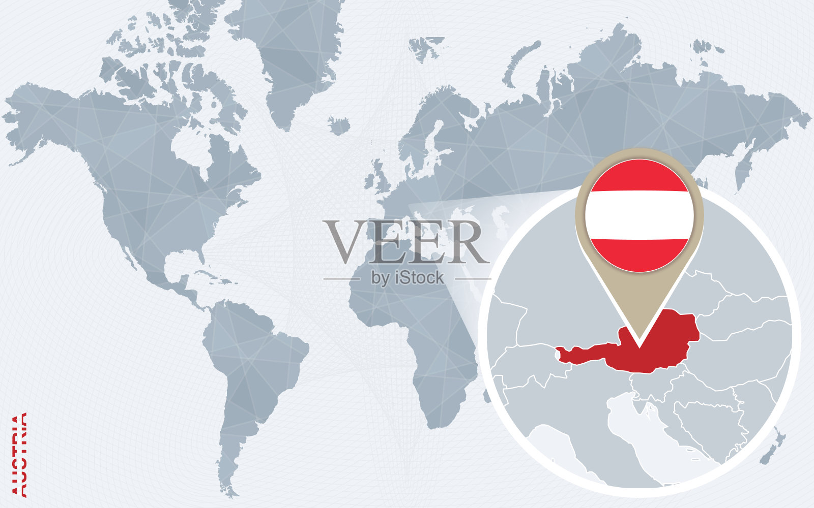 抽象的蓝色世界地图与放大的奥地利。插画图片素材