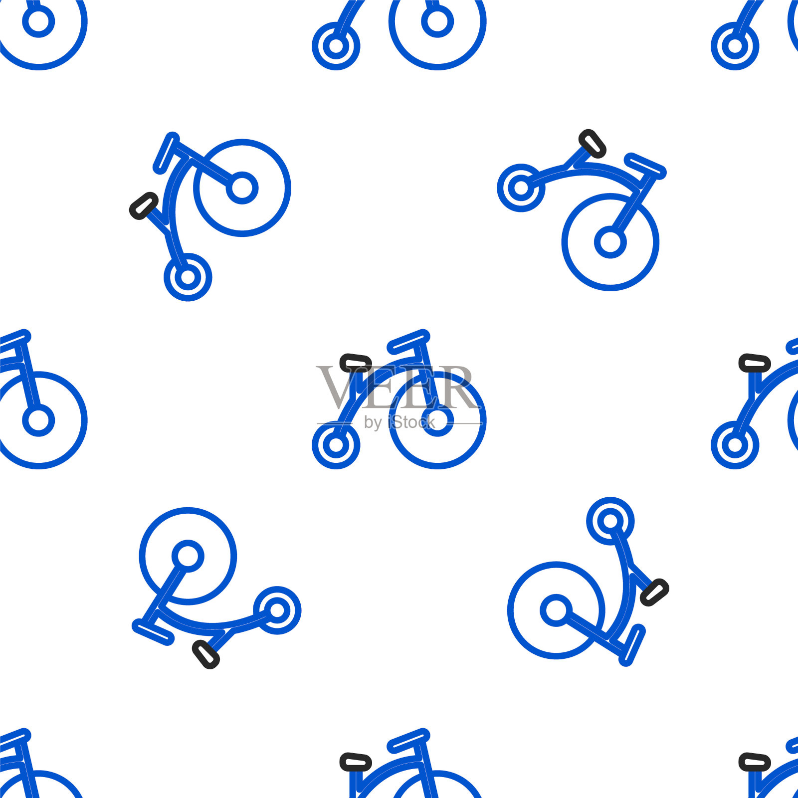 Line Vintage自行车与一个大车轮和一个小图标孤立无缝模式上的白色背景。自行车公共交通标志。色彩斑斓的轮廓的概念。向量插画图片素材