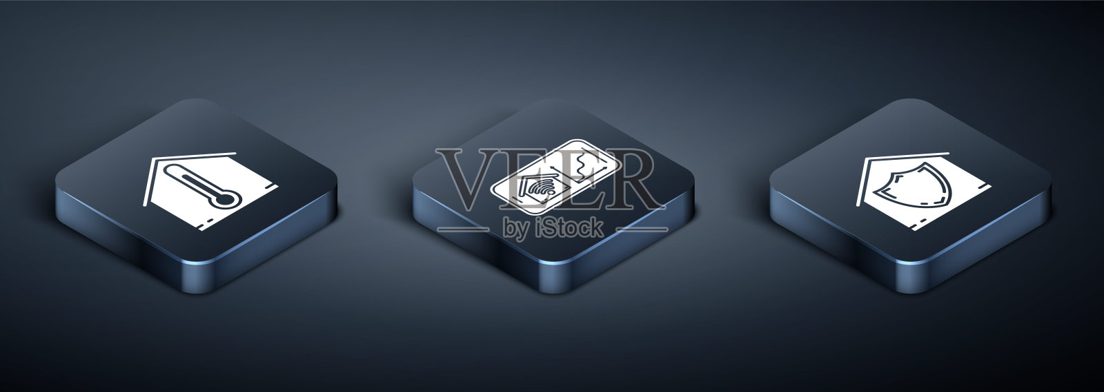 设置等距房子温度，房子在保护和移动电话与智能家居与wi-fi图标。向量图标素材