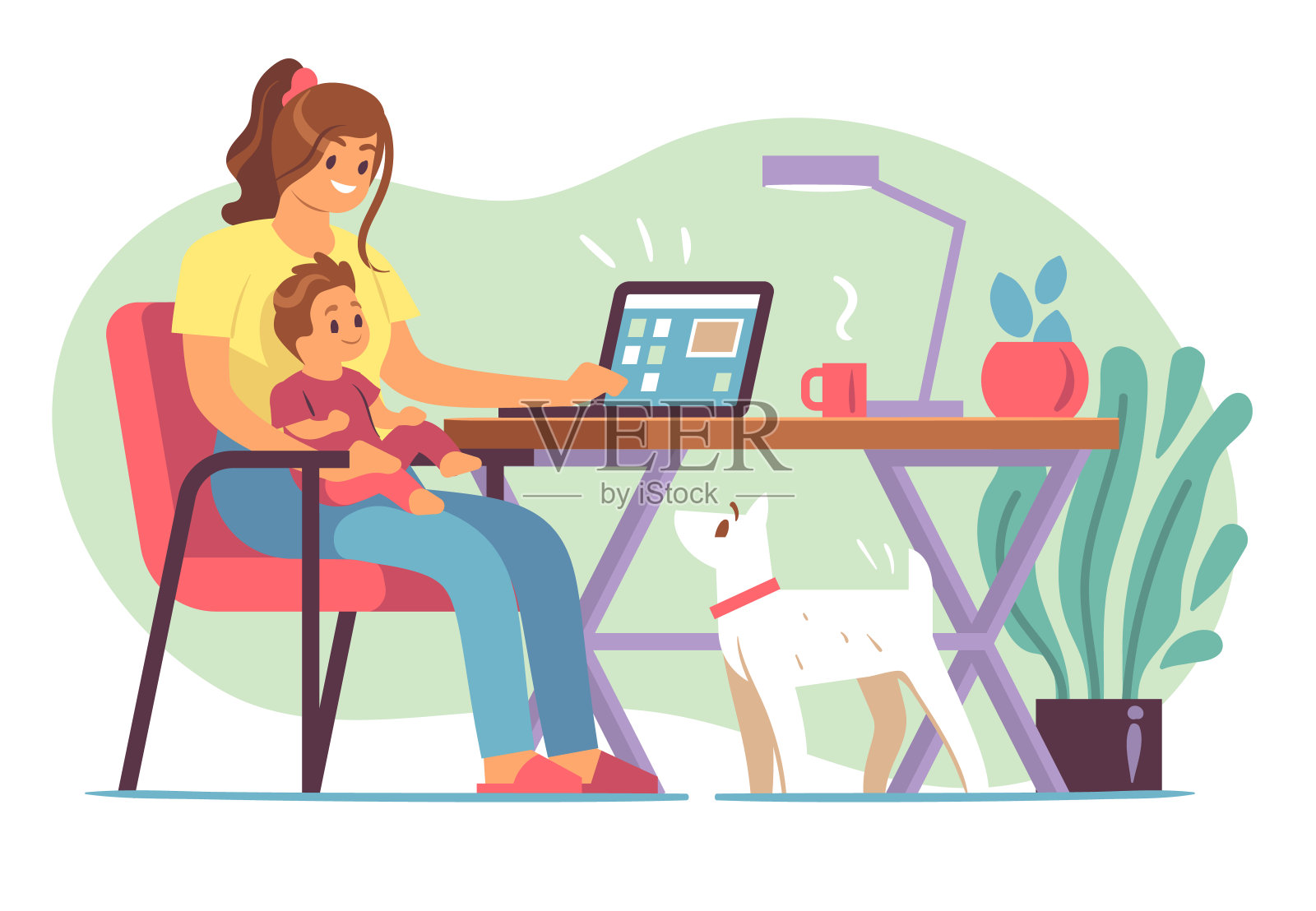 母亲的自由职业者。年轻母亲在家中抚养孩子并在笔记本电脑上工作在远程办公室，远程工作的个体户平面矢量概念插画图片素材